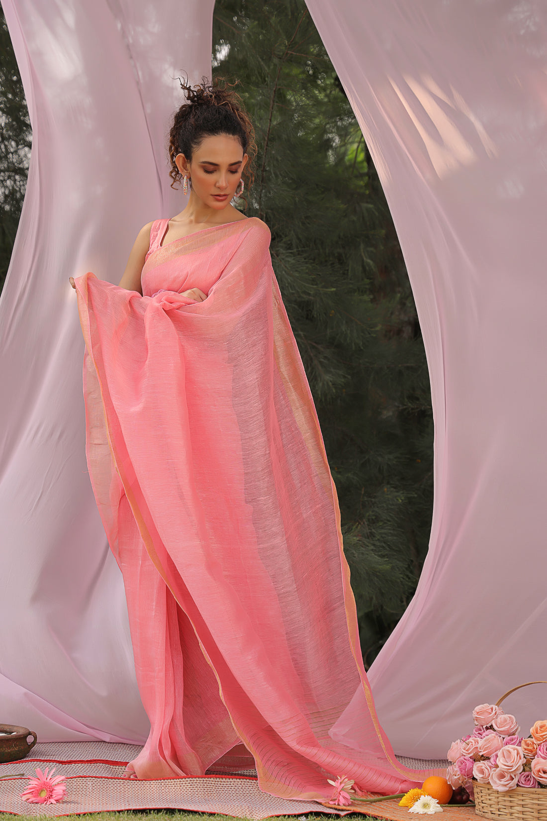 Blush Peach Linen Silk Saree