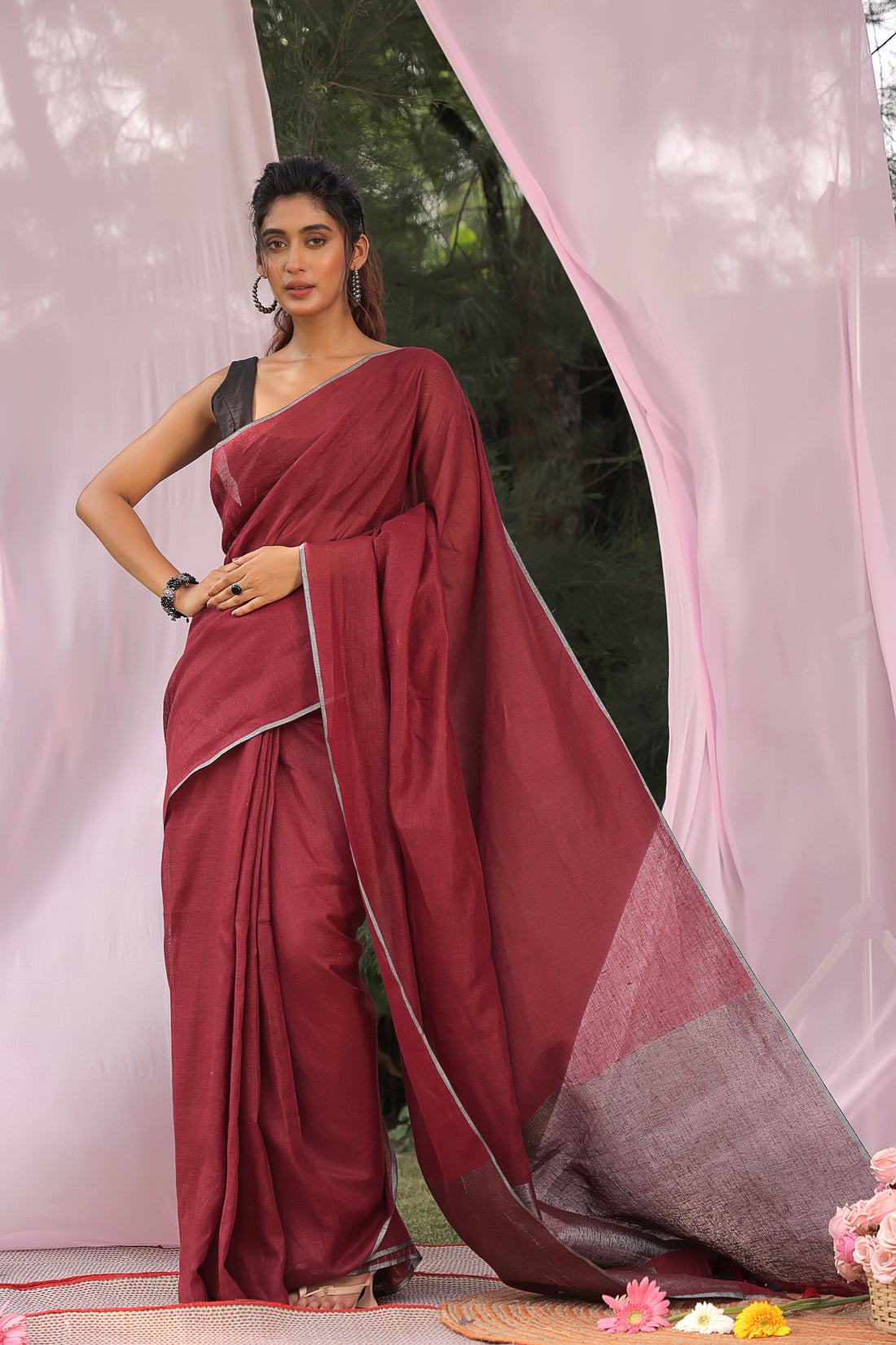 Ruby Glow Linen Saree