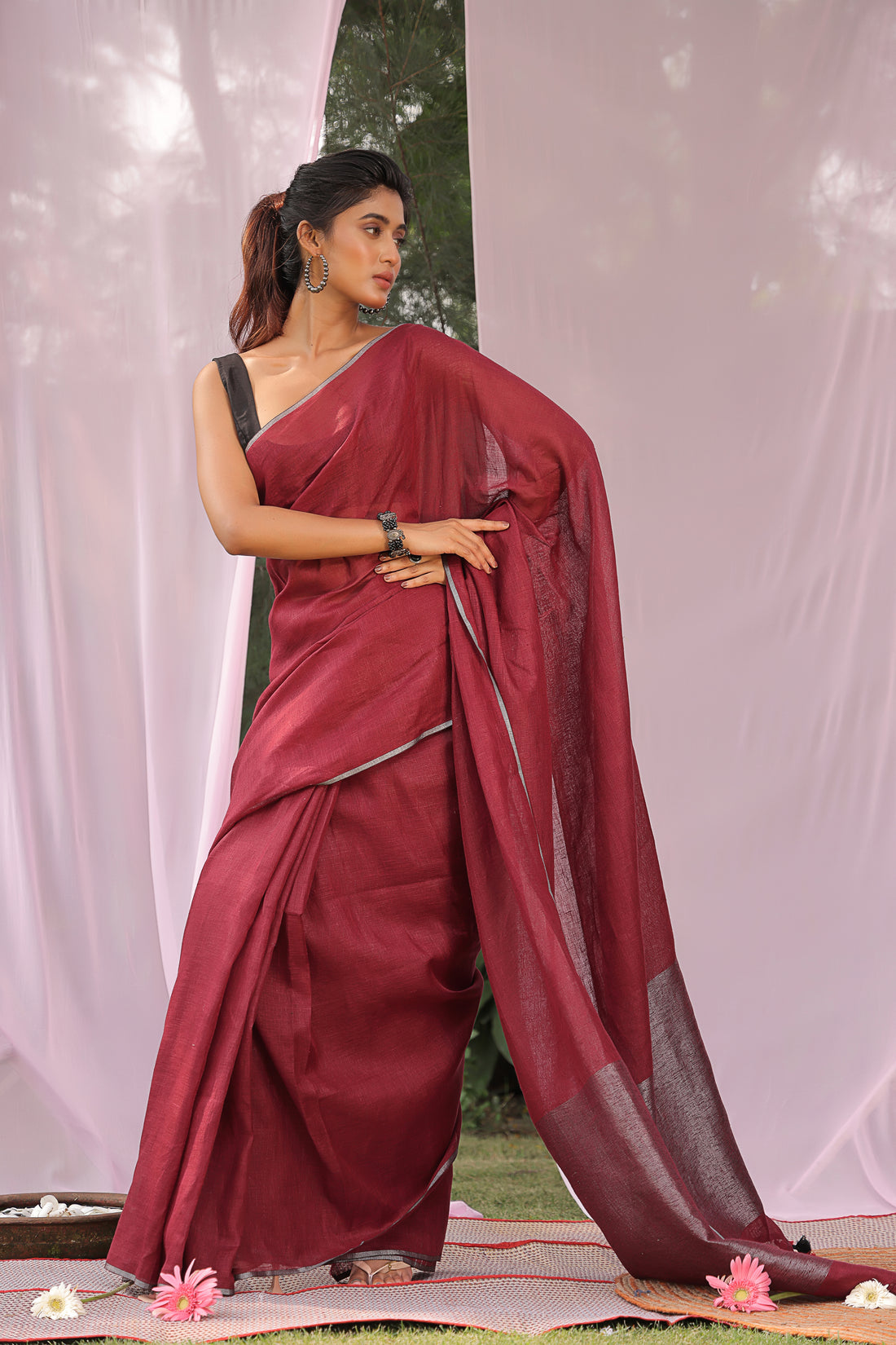 Ruby Glow Linen Saree