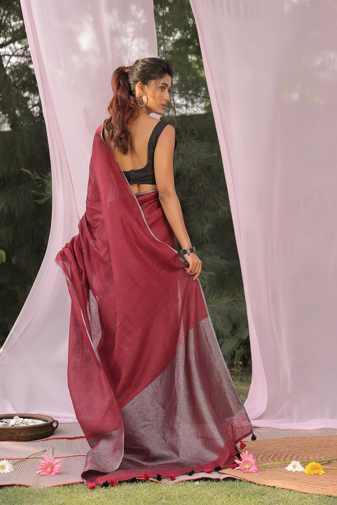 Ruby Glow Linen Saree