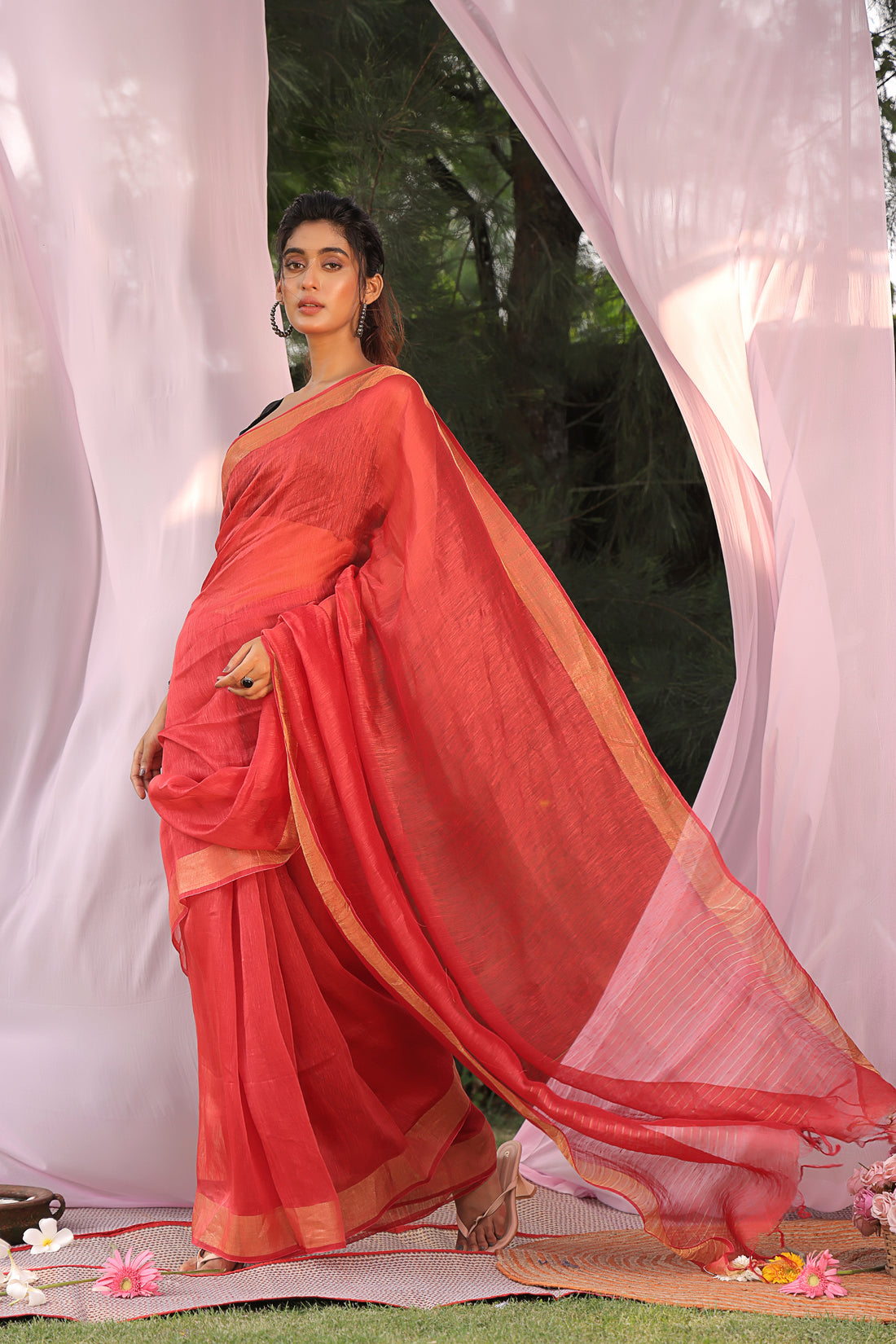 Red Velvet Linen Silk Saree