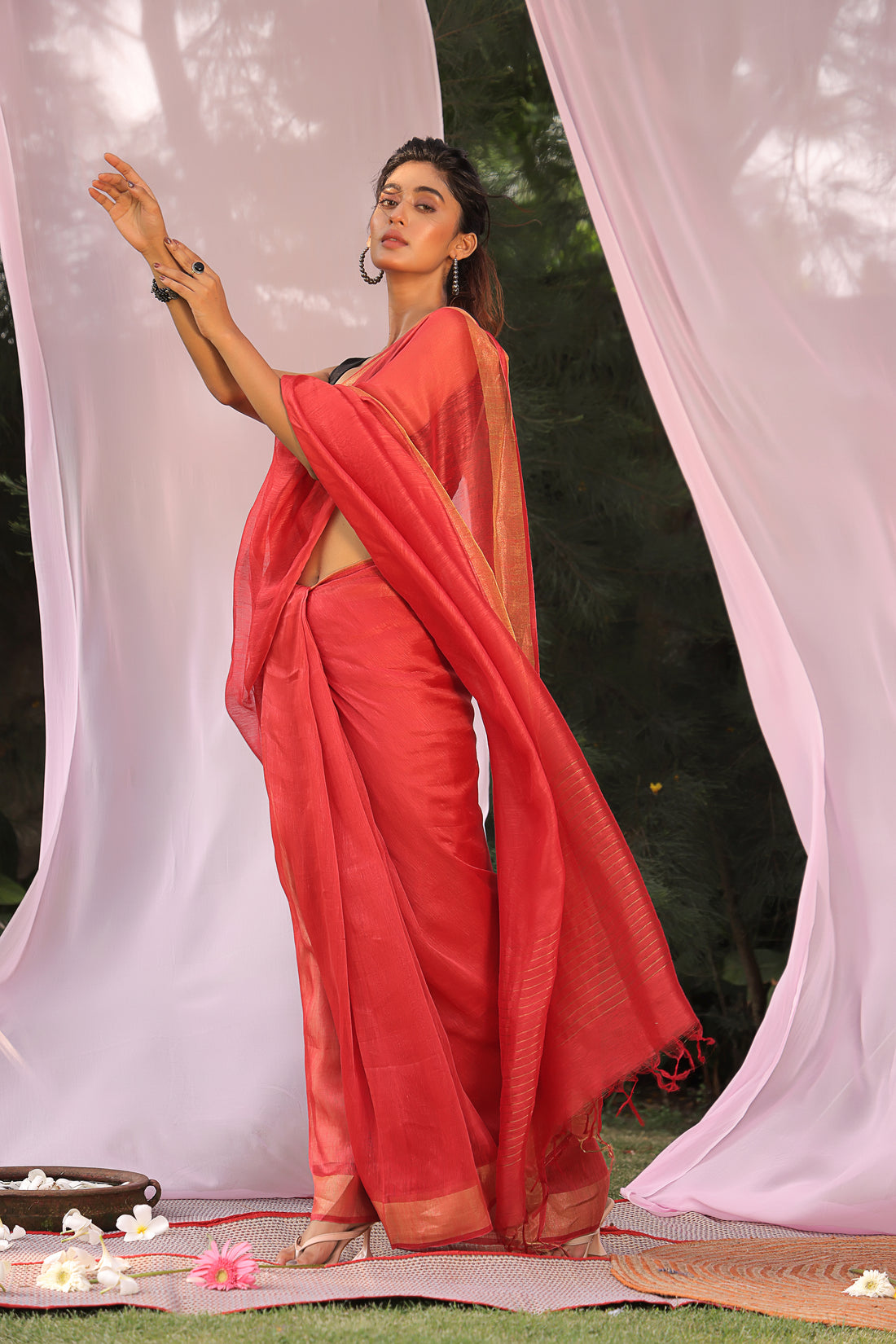 Red Velvet Linen Silk Saree