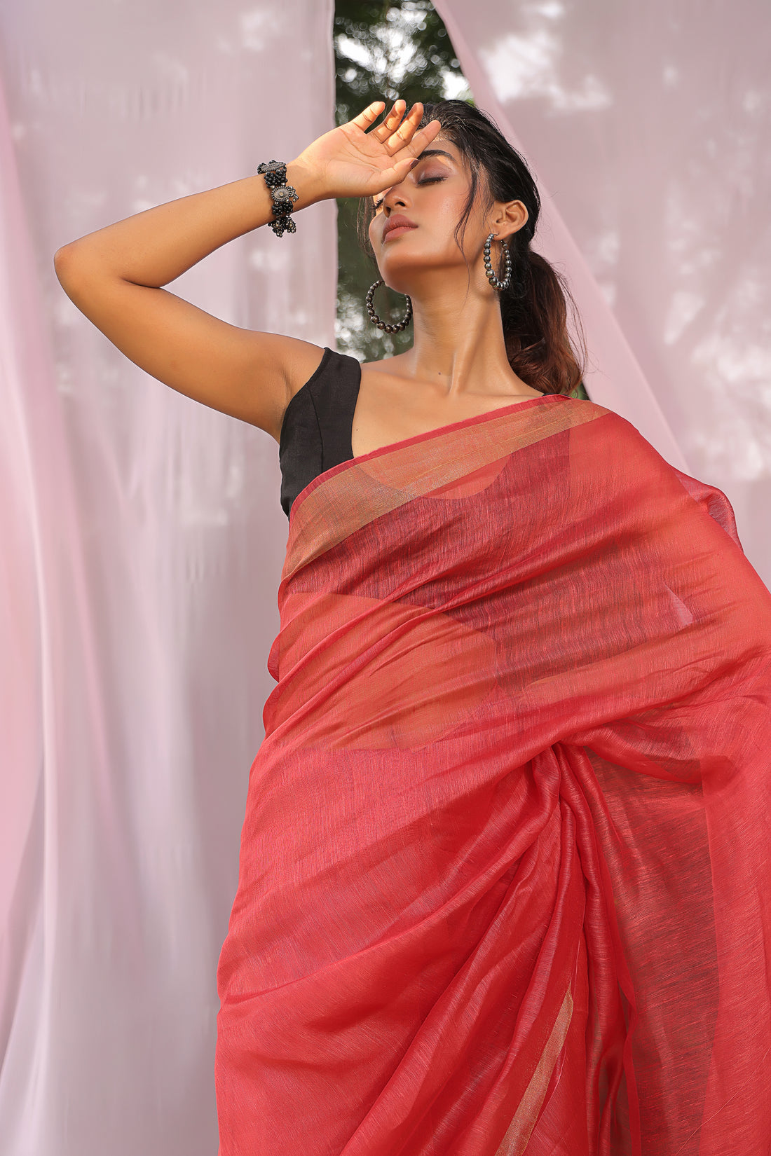 Red Velvet Linen Silk Saree