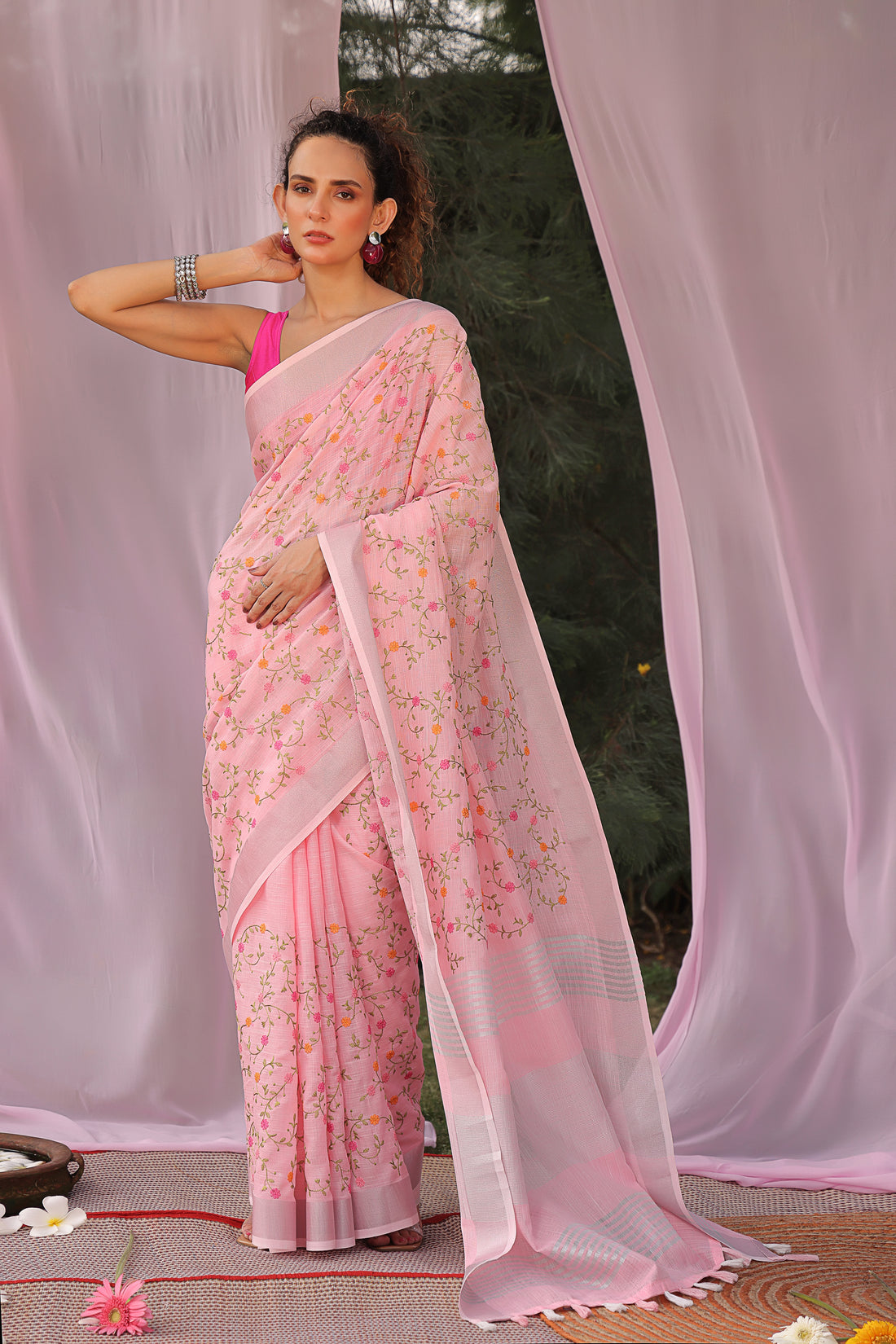 Rosy Radiance Embroidered Linen Saree