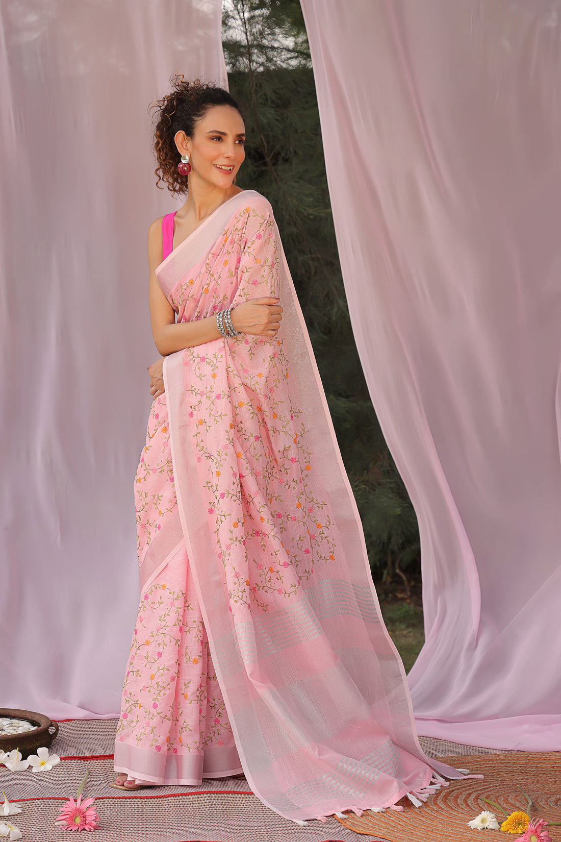 Rosy Radiance Embroidered Linen Saree