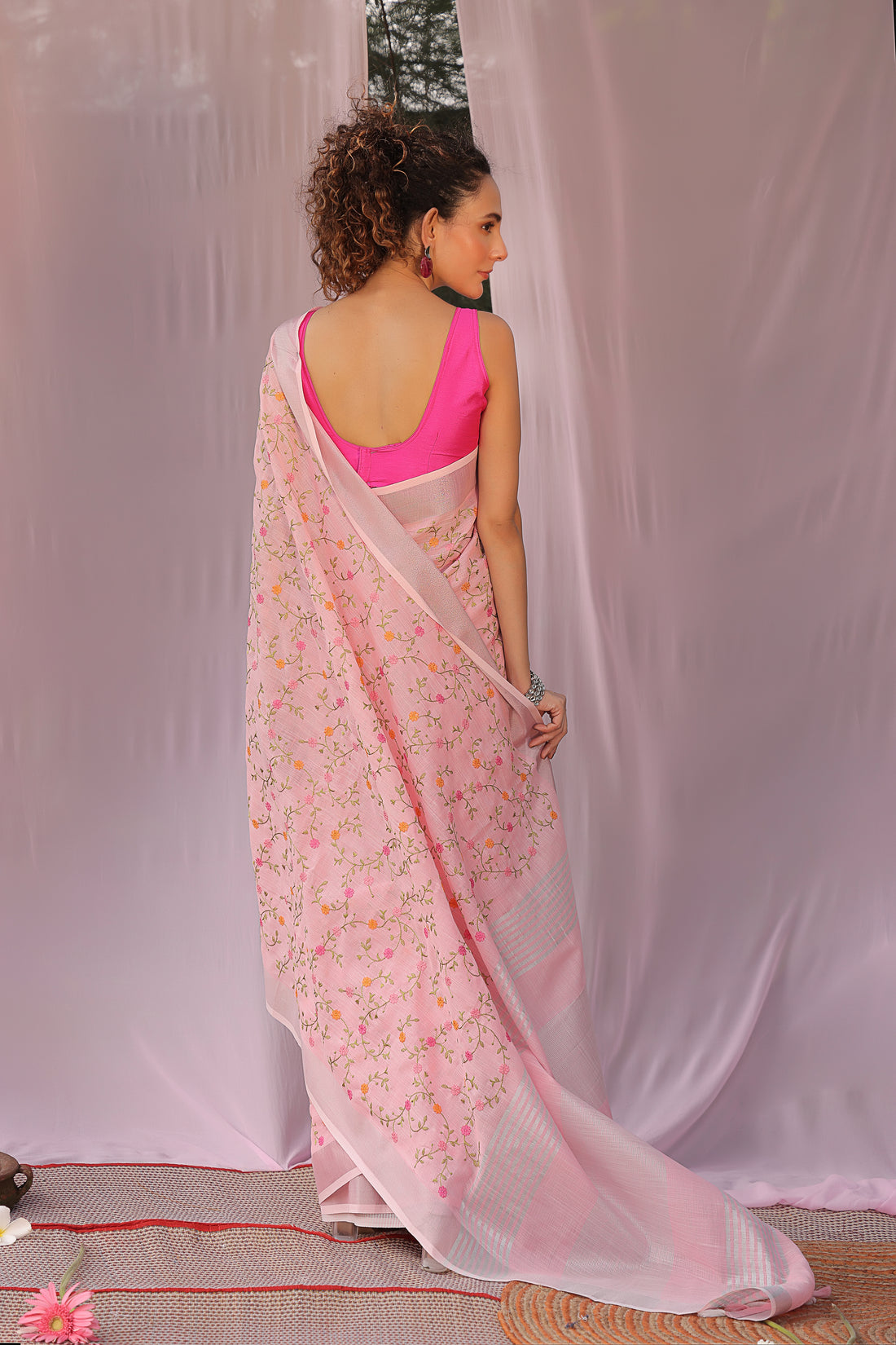 Rosy Radiance Embroidered Linen Saree