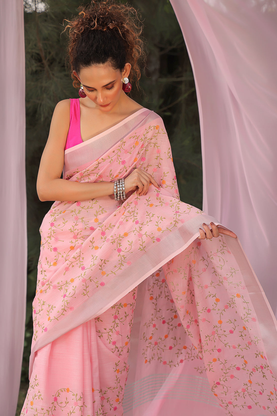 Rosy Radiance Embroidered Linen Saree