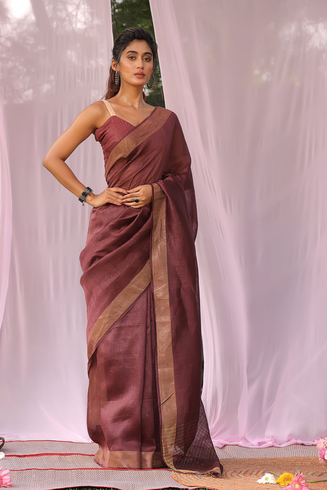 Coffee Linen Silk Saree