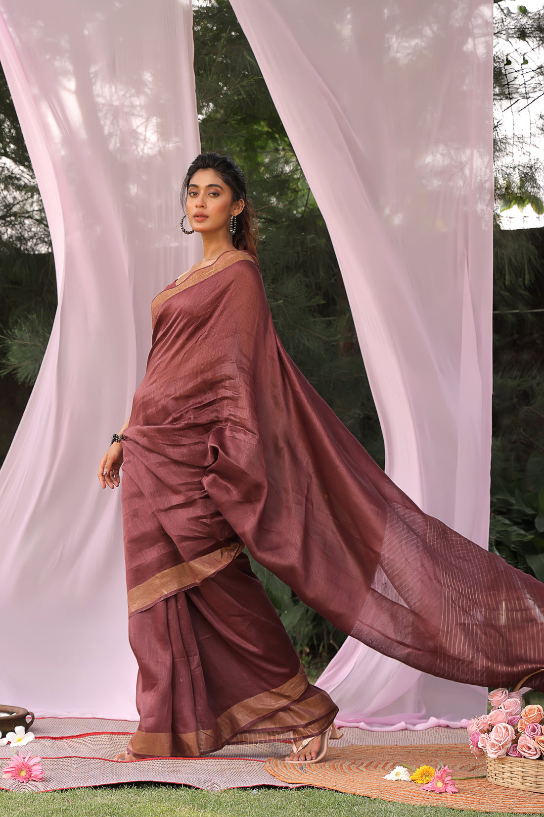 Coffee Linen Silk Saree