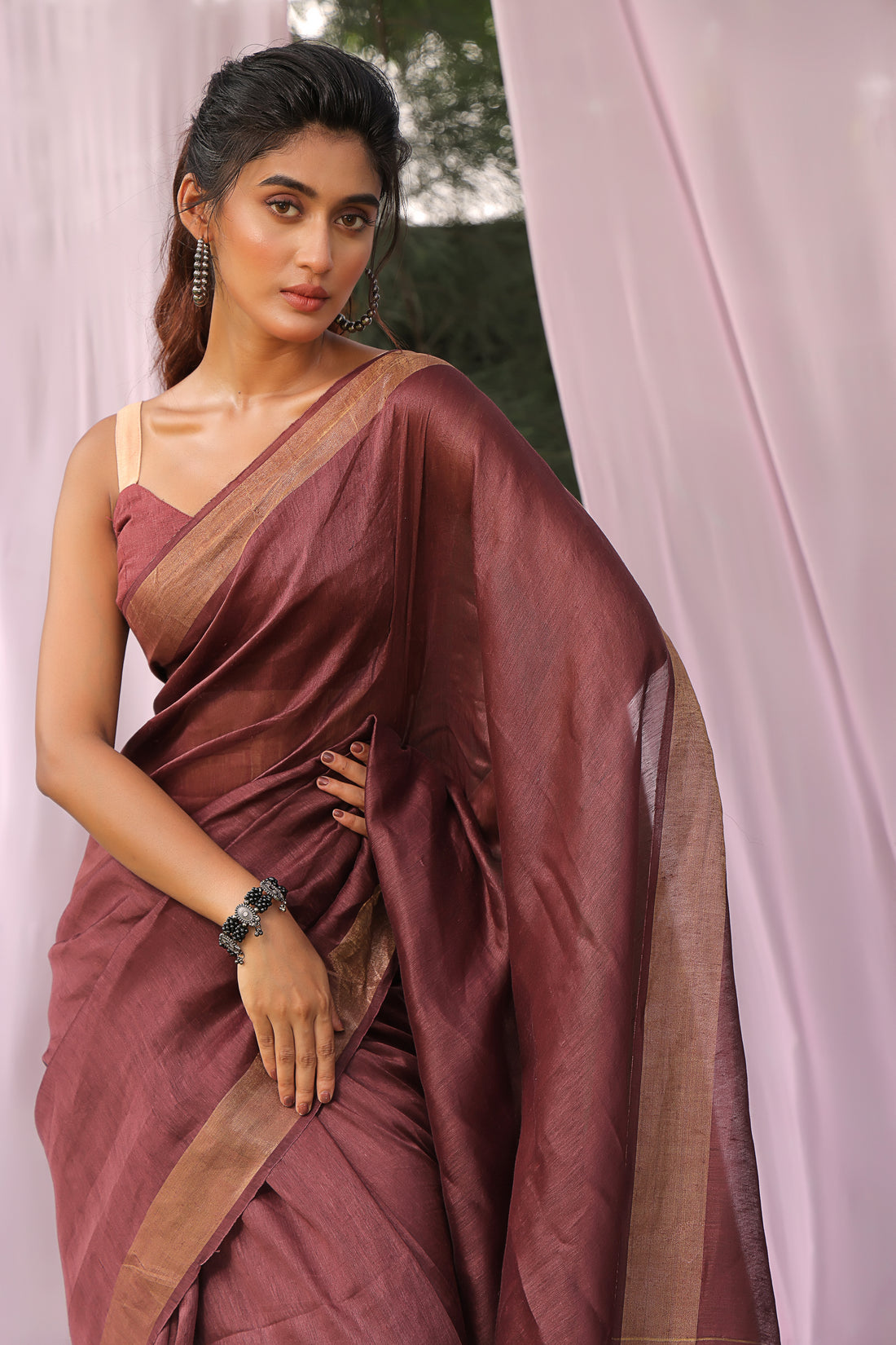 Coffee Linen Silk Saree