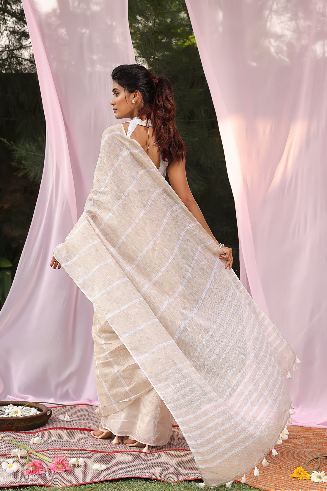 Beige Stripe Linen Saree