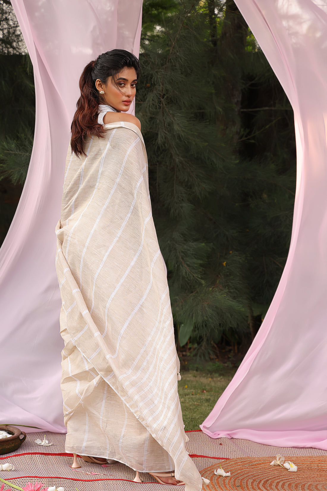 Beige Stripe Linen Saree