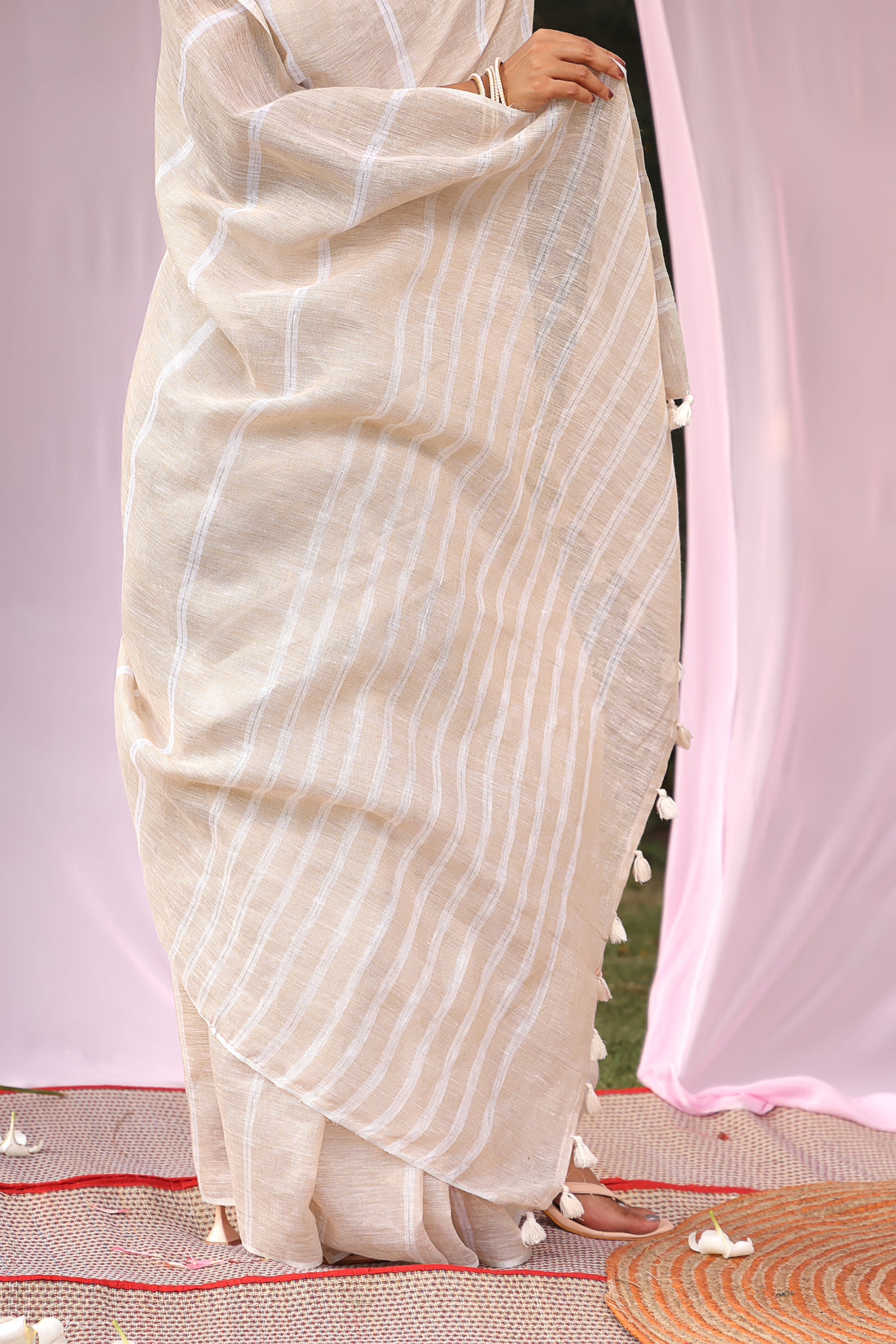 Beige Stripe Linen Saree