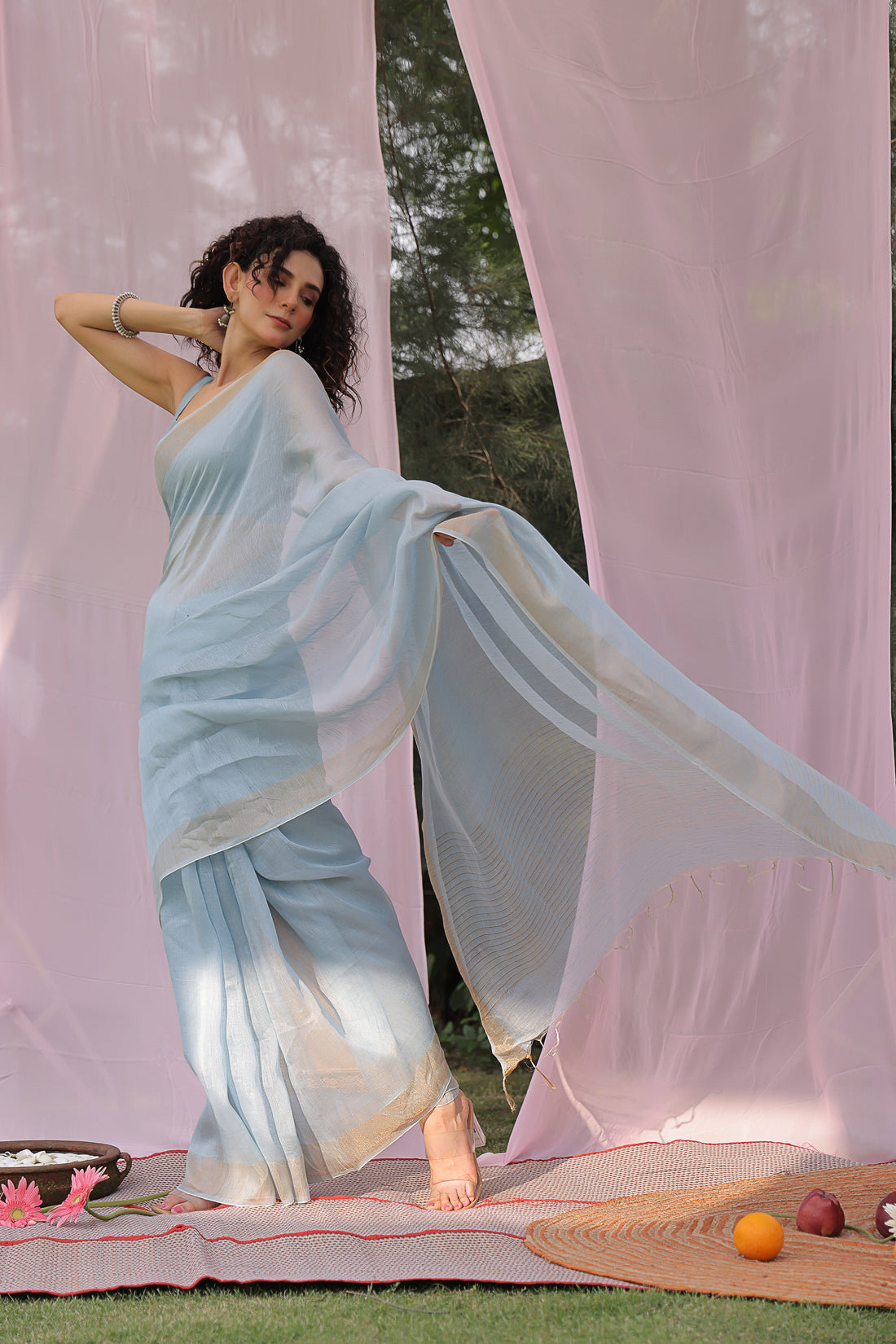 Powder Blue Linen Silk Saree