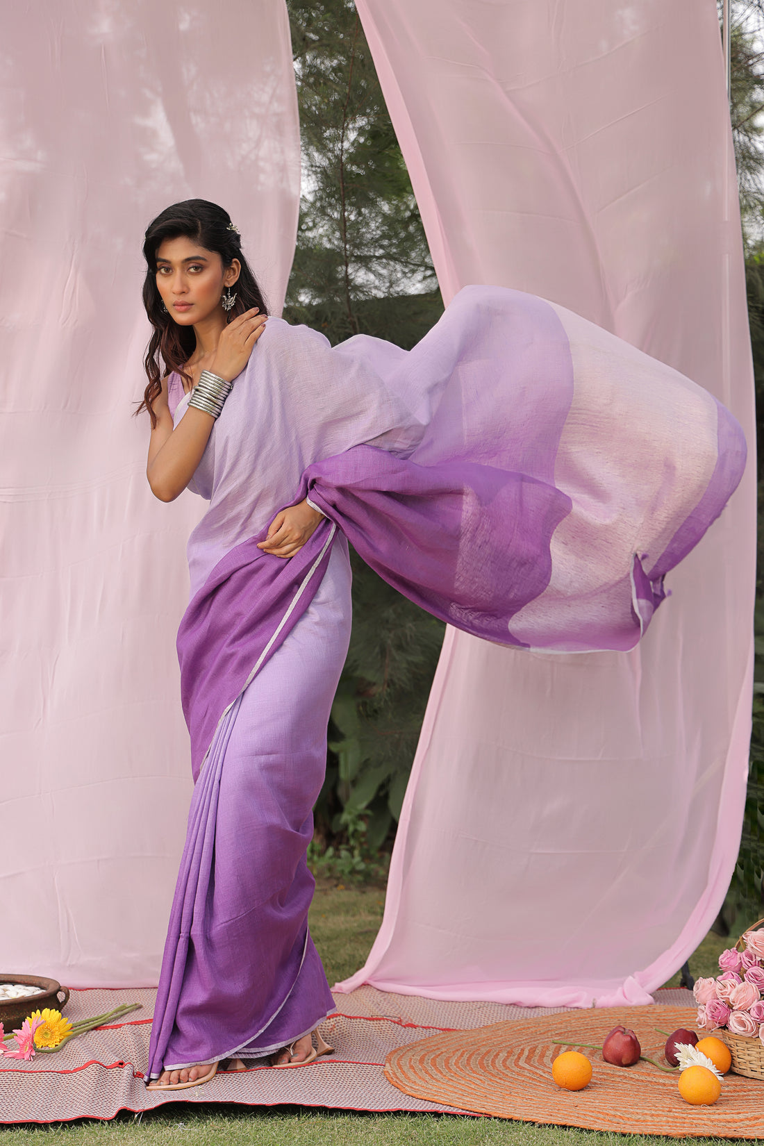 Lavender Ombre Linen Sari