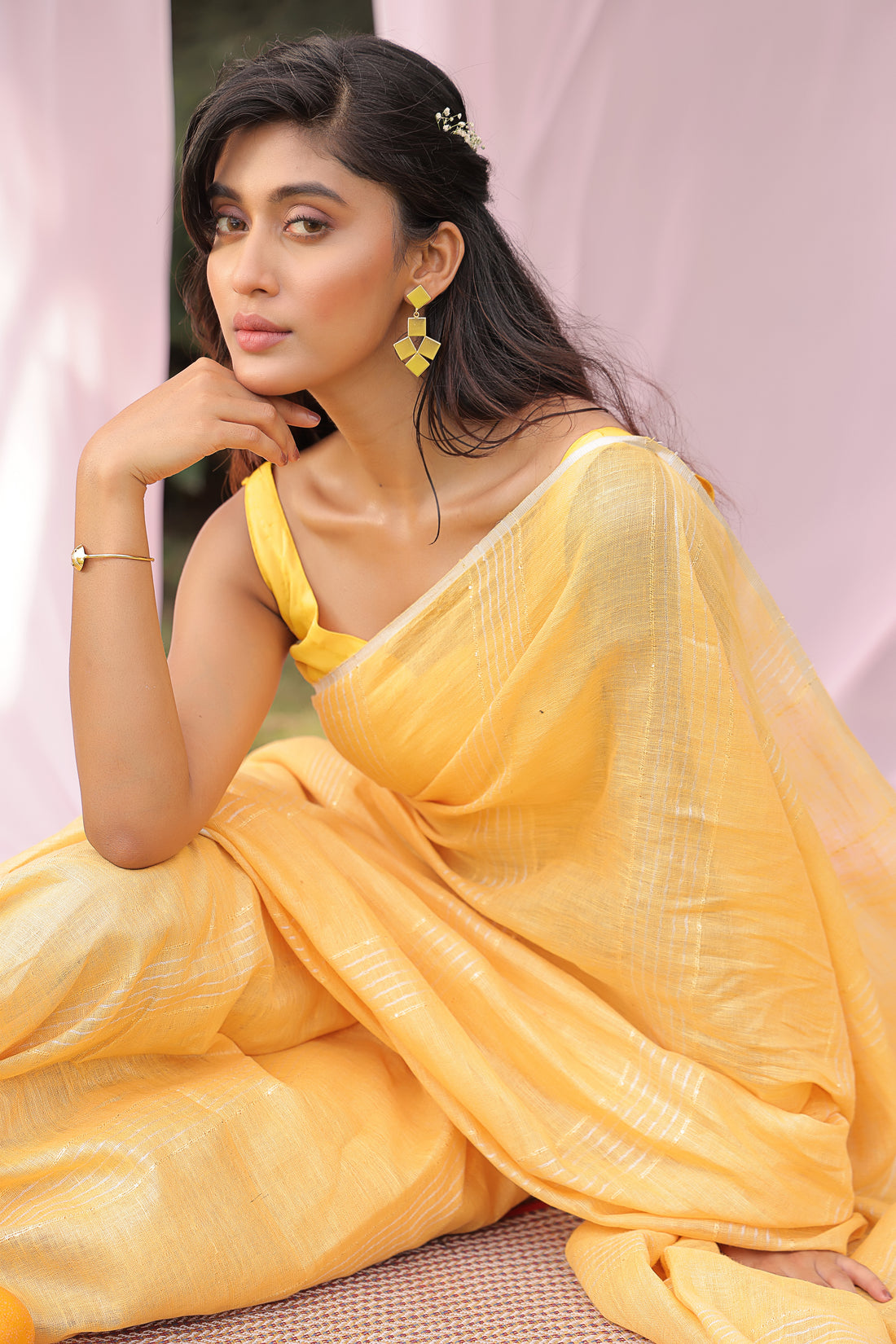 Marigold Mist Pure Linen Saree