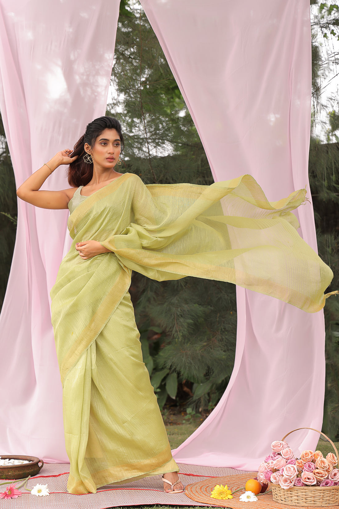 Lime Glow Linen Silk Saree