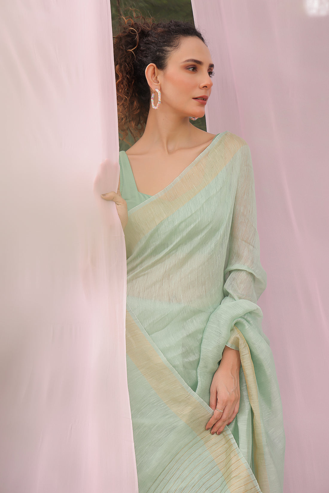 Mint Green Linen Silk Saree