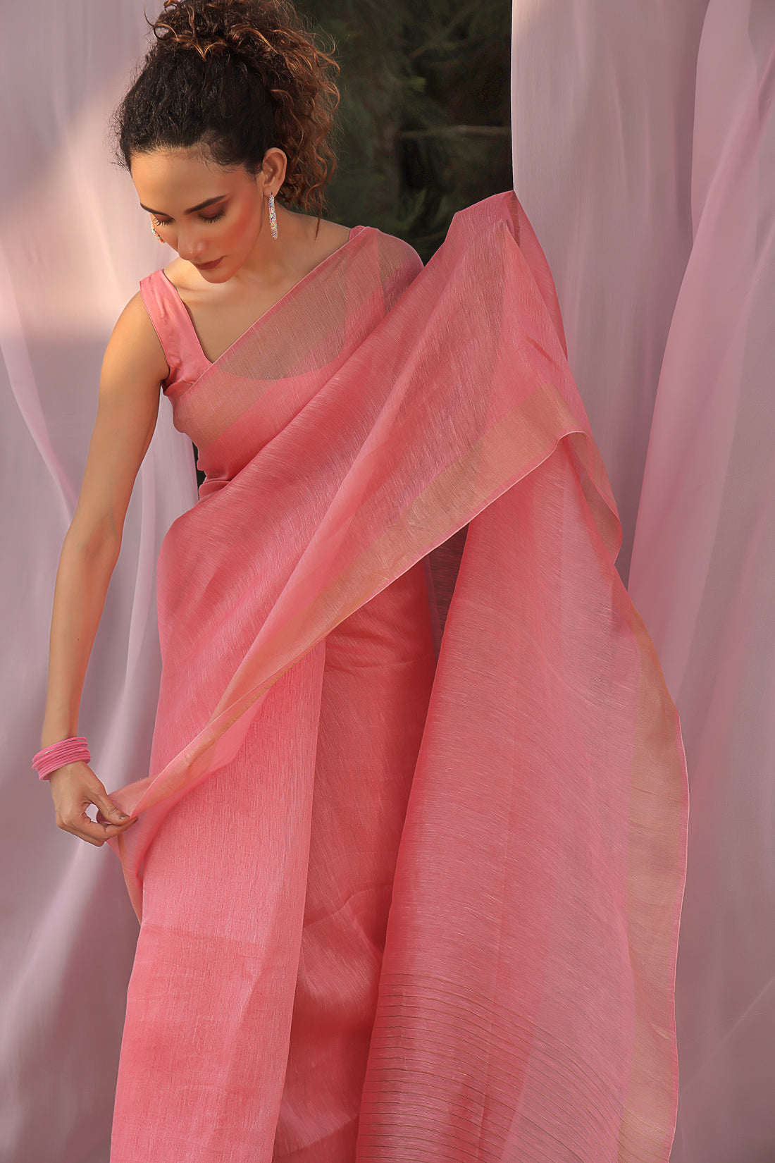 Blush Peach Linen Silk Saree