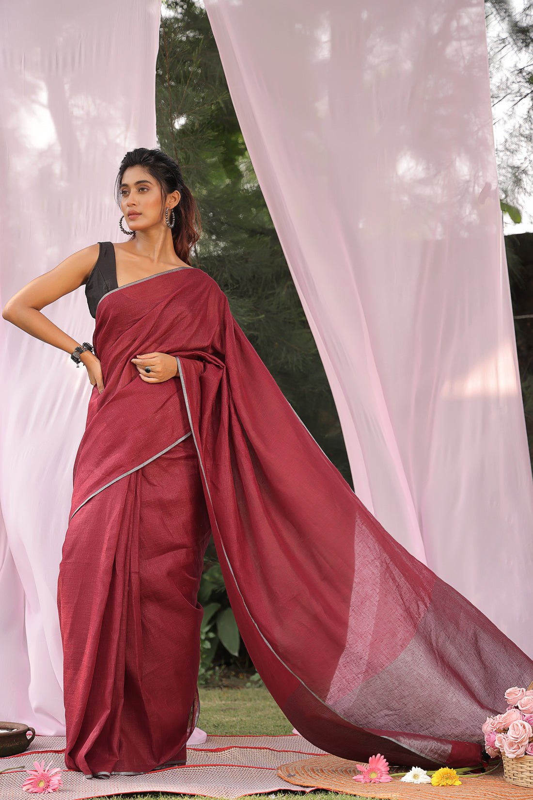 Ruby Glow Linen Saree