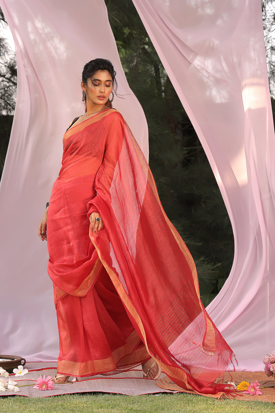 Red Velvet Linen Silk Saree