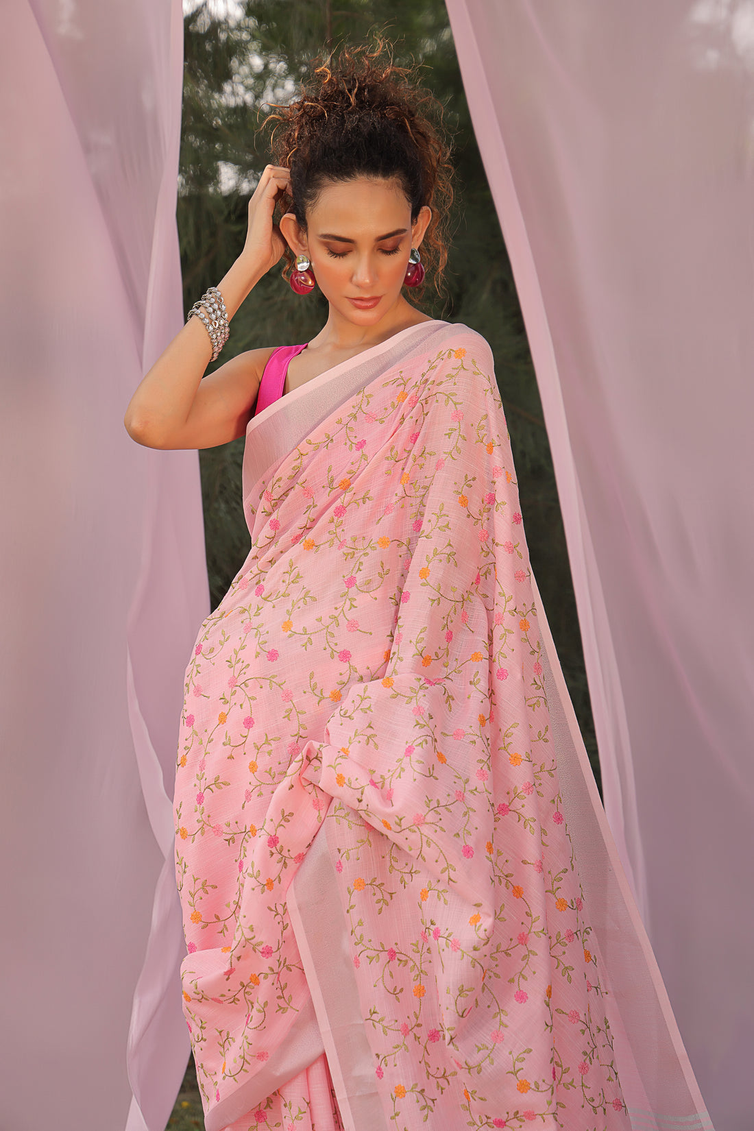 Rosy Radiance Embroidered Linen Saree