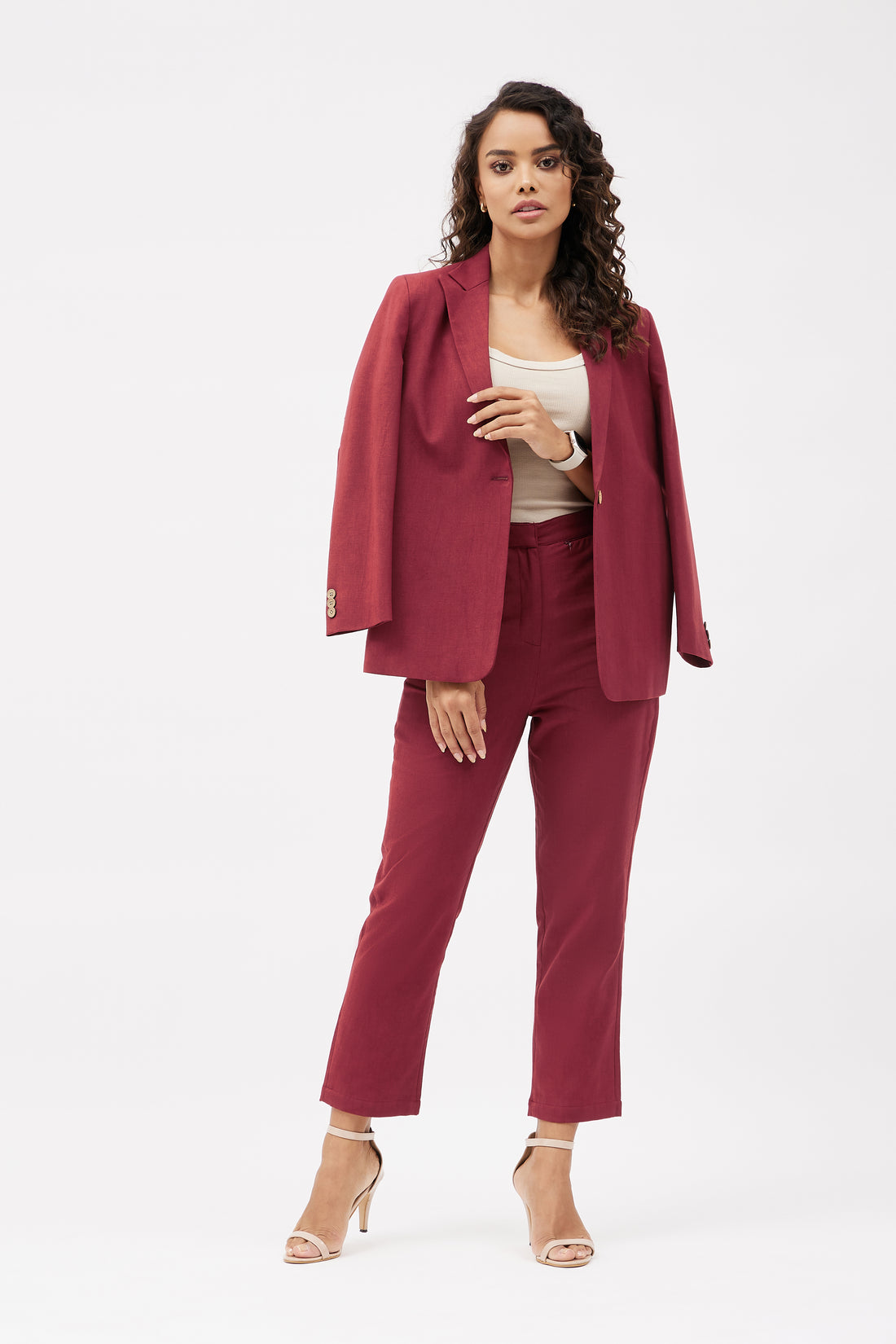 Classic Linen Blazer Set - Maroon