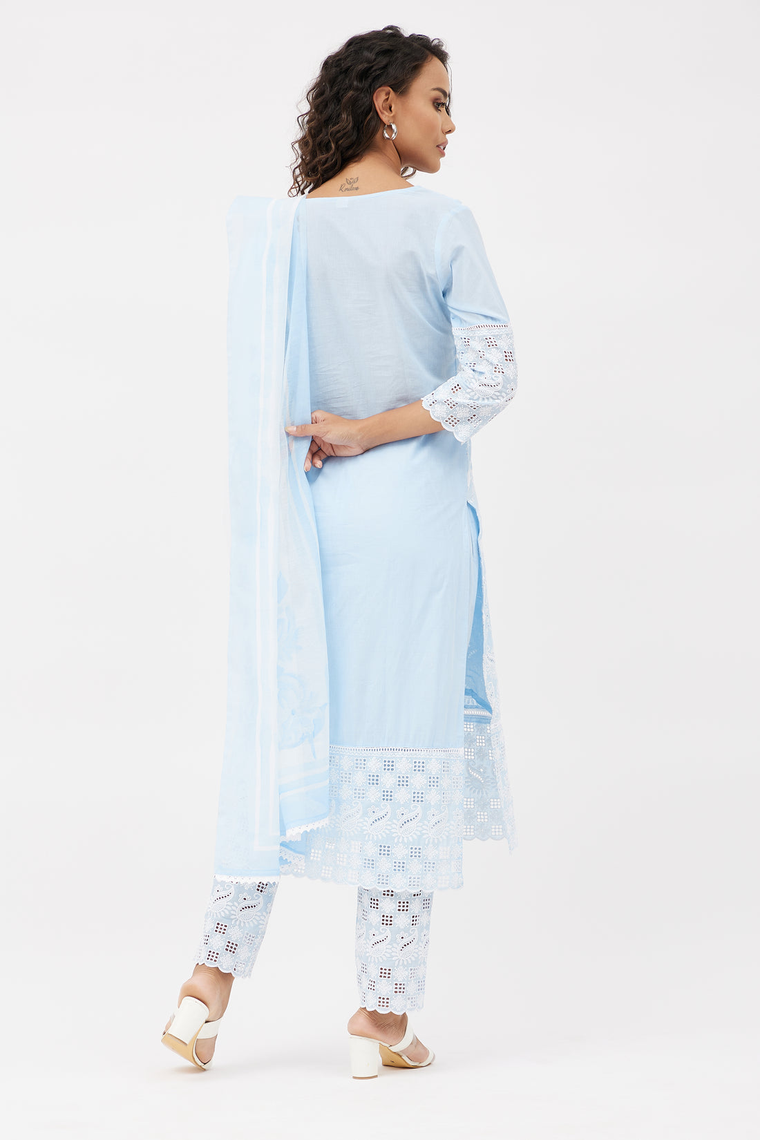 Elegant Pure Hand Embroidered Cotton Salwar Suit for Work - Powder Blue (Set of 3)