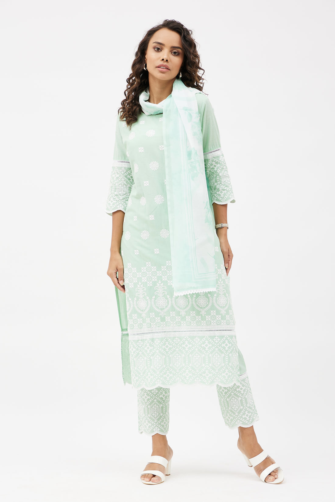 Elegant Cotton Hand Embroidered Salwar Suit for Work - Mint Green (Set of 3)