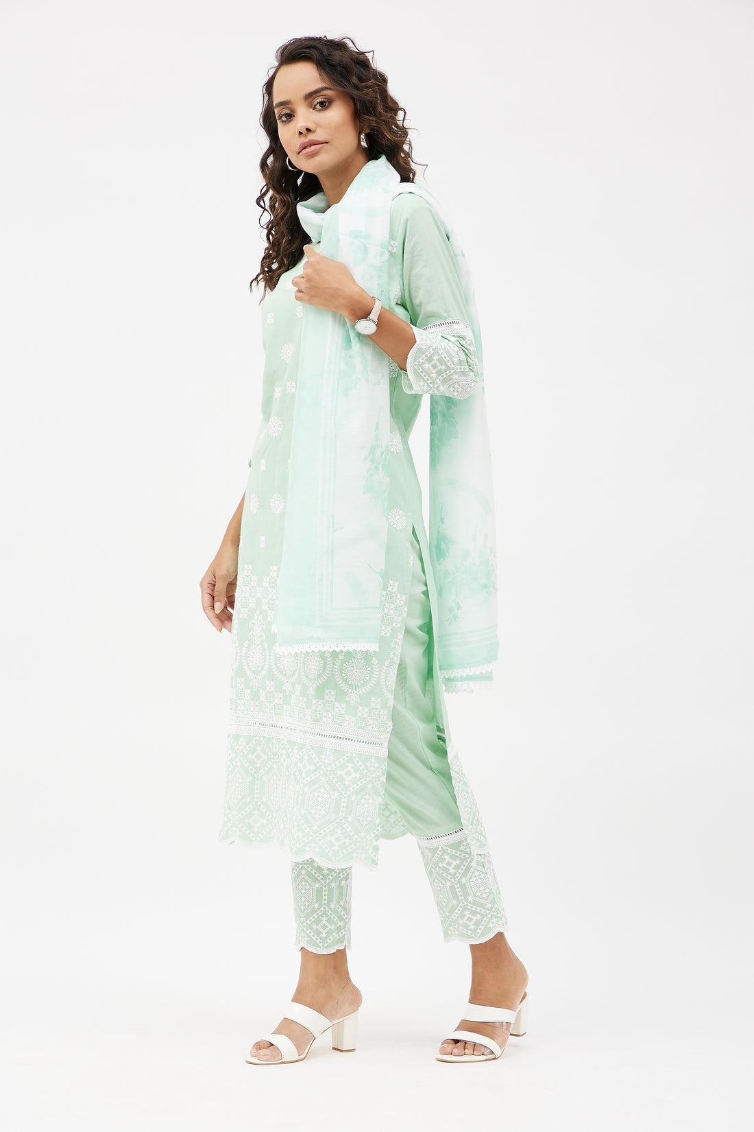 Elegant Cotton Hand Embroidered Salwar Suit for Work - Mint Green (Set of 3)