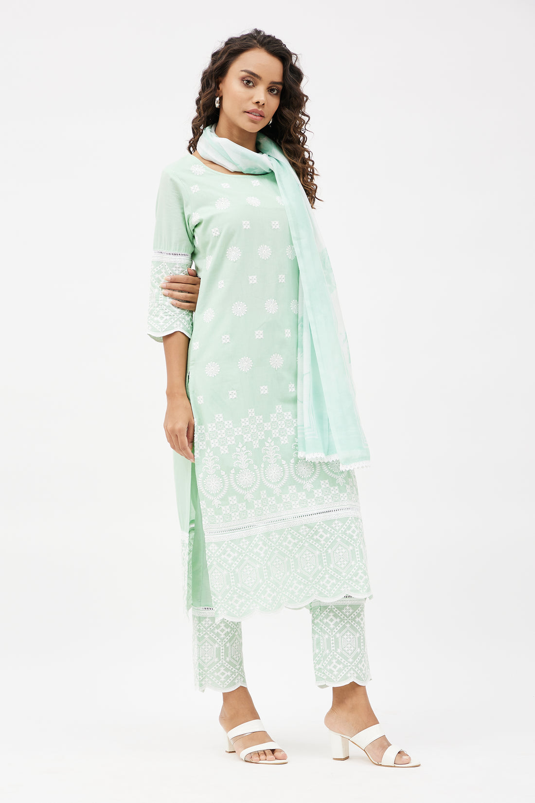 Elegant Cotton Hand Embroidered Salwar Suit for Work - Mint Green (Set of 3)