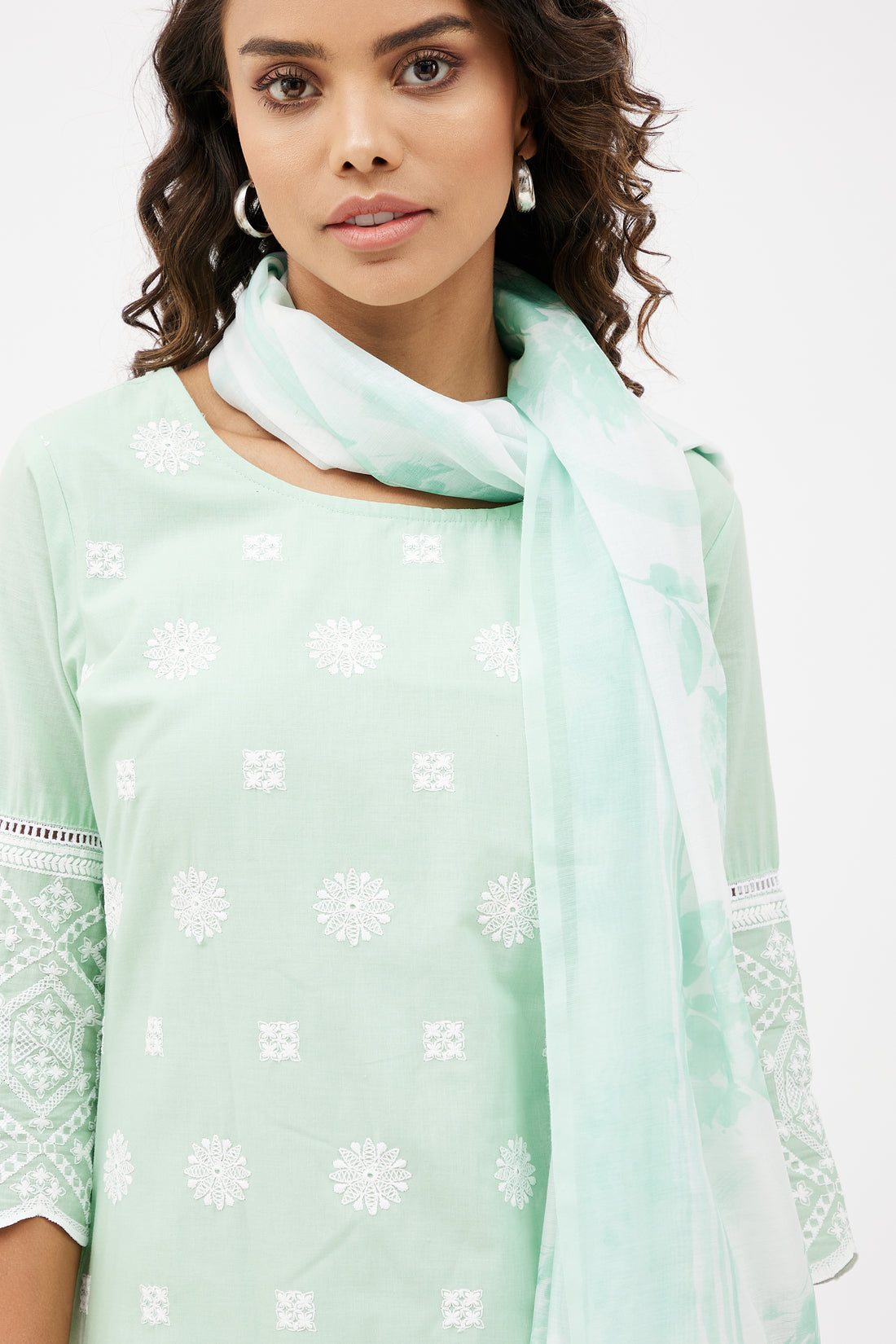 Elegant Cotton Hand Embroidered Salwar Suit for Work - Mint Green (Set of 3)