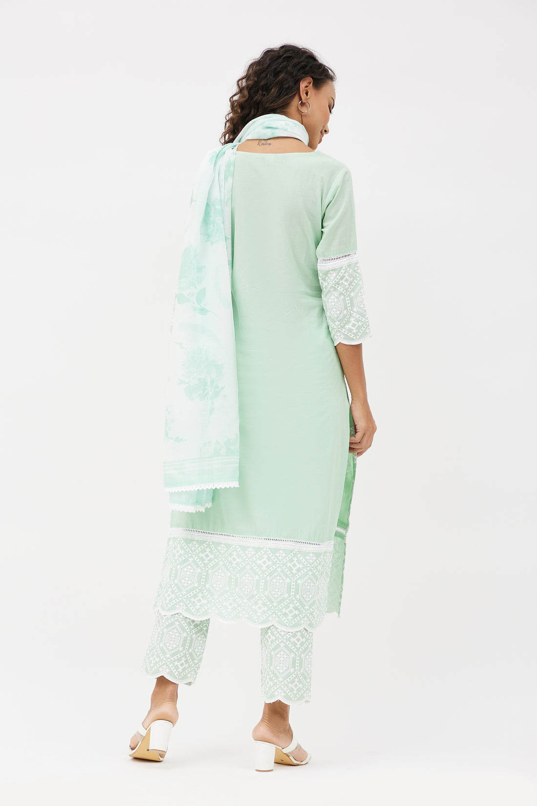 Elegant Cotton Hand Embroidered Salwar Suit for Work - Mint Green (Set of 3)