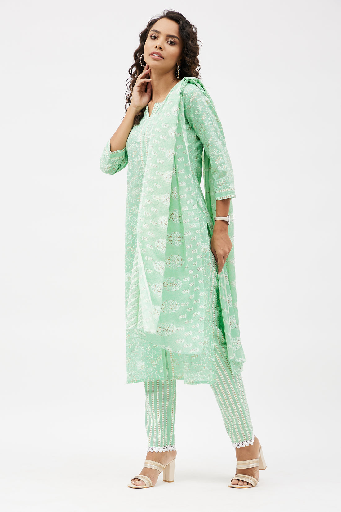 Elegant Cotton Salwar Suit for Work - Mint Green (Set of 3)