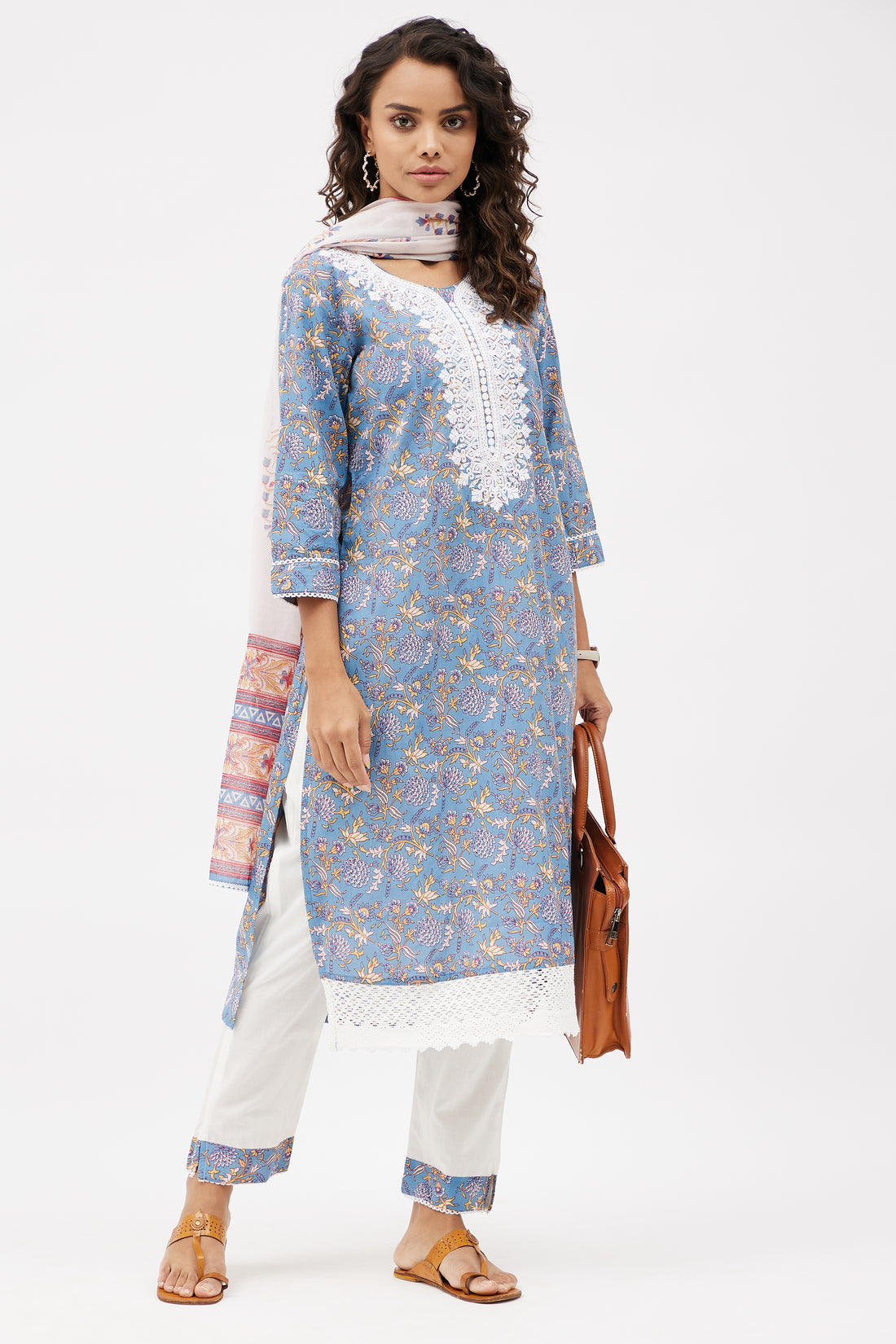 Elegant Cotton Salwar Suit for Work - Blue with lace (Set of 3)