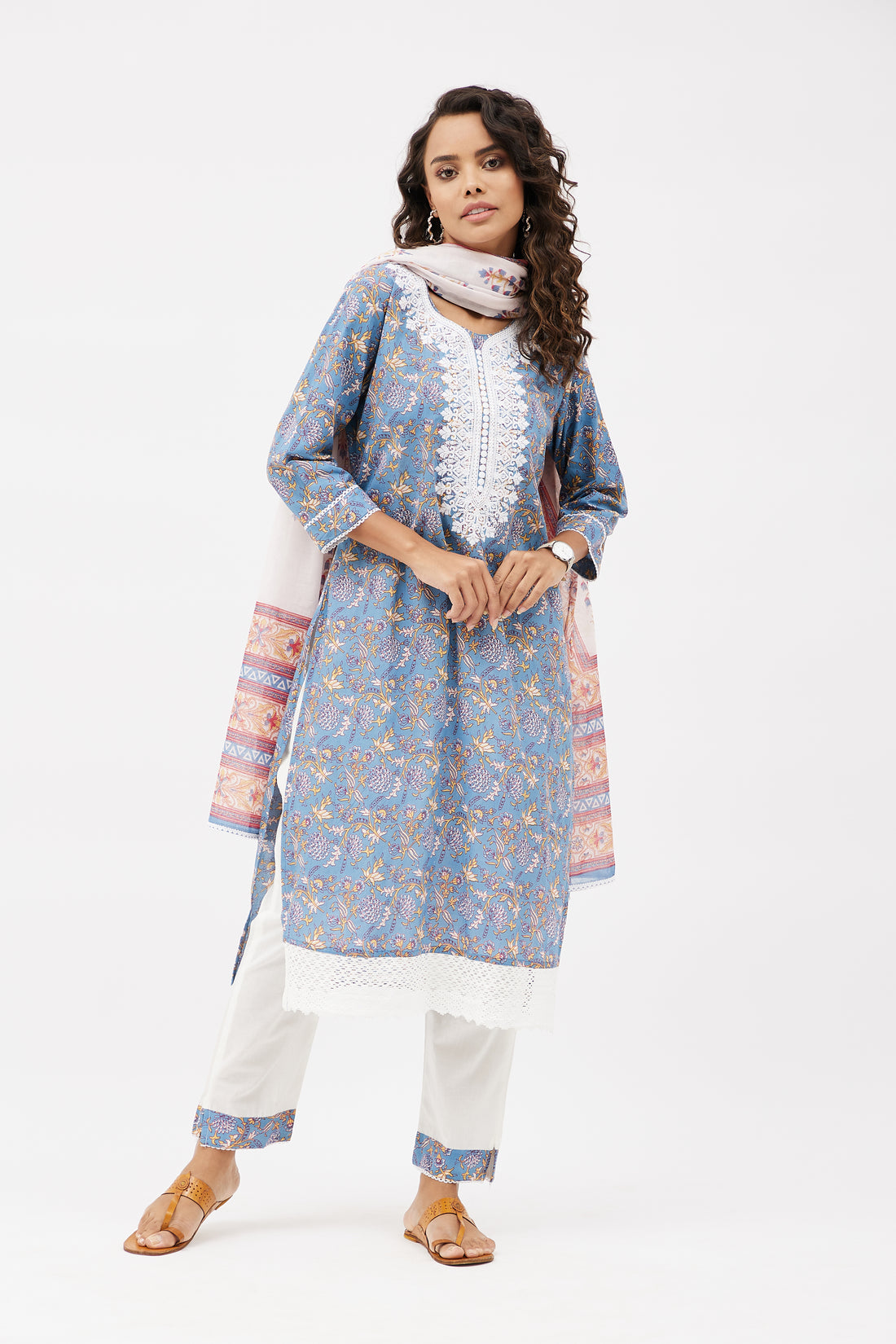 Elegant Cotton Salwar Suit for Work - Blue with lace (Set of 3)