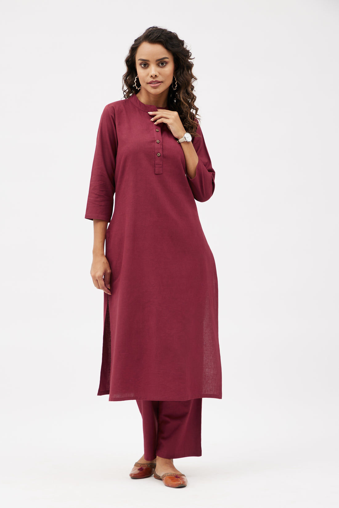 Straight Fit Elegant Linen Blend Kurta Set - Maroon (Set of 2)