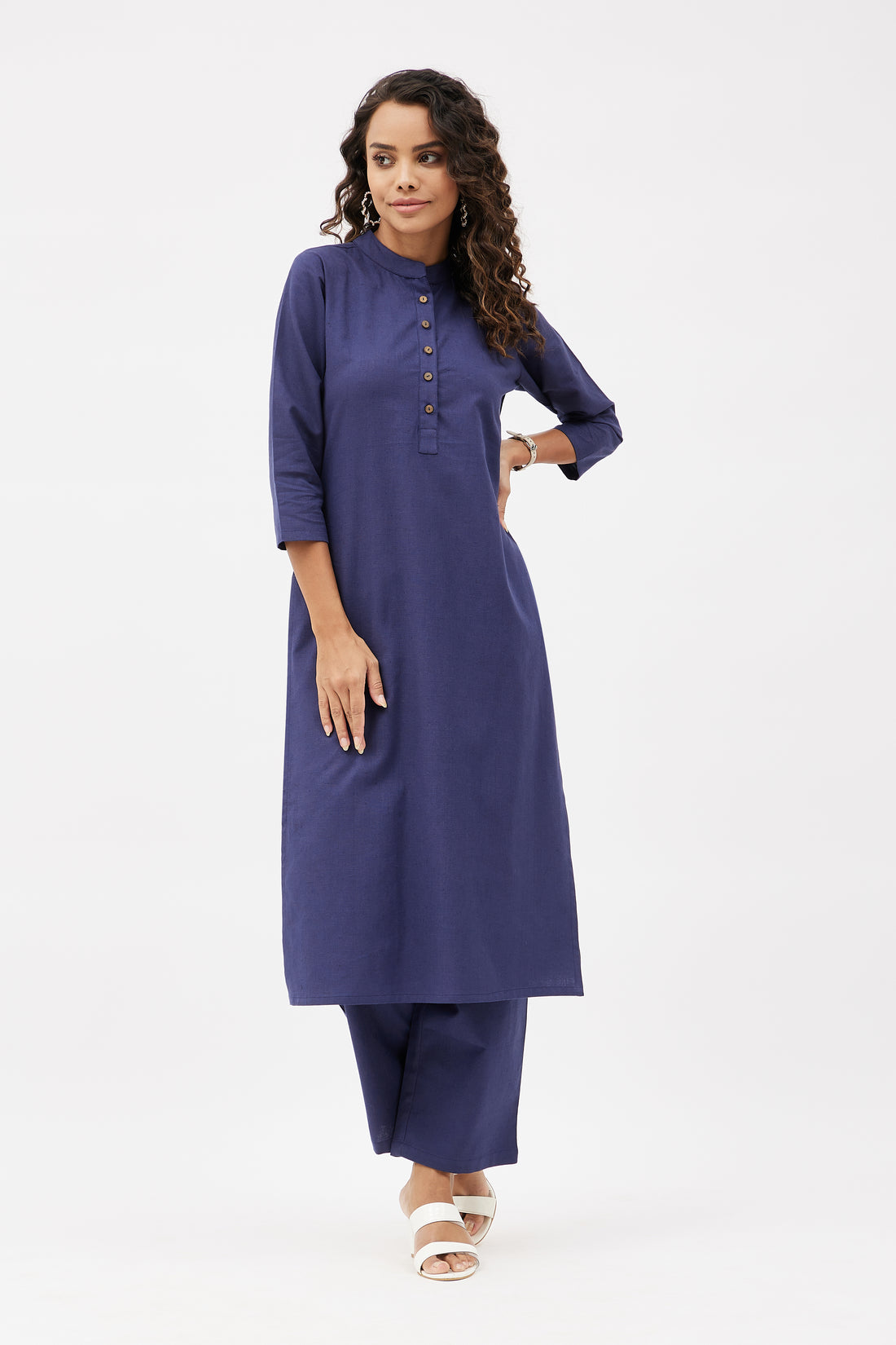 Straight Fit Elegant Linen Blend Kurta Set - Navy Blue (Set of 2)