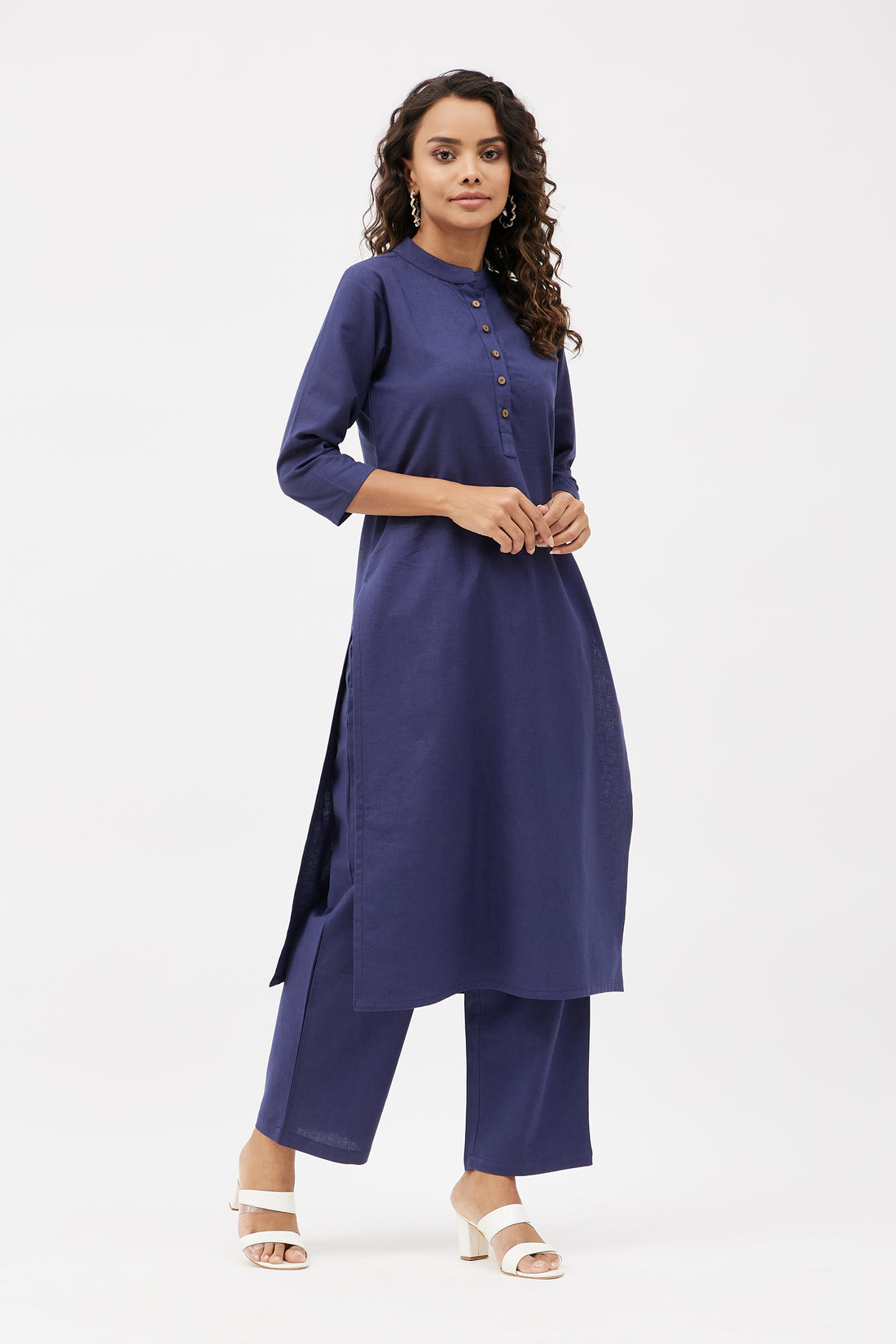 Straight Fit Elegant Linen Blend Kurta Set - Navy Blue (Set of 2)