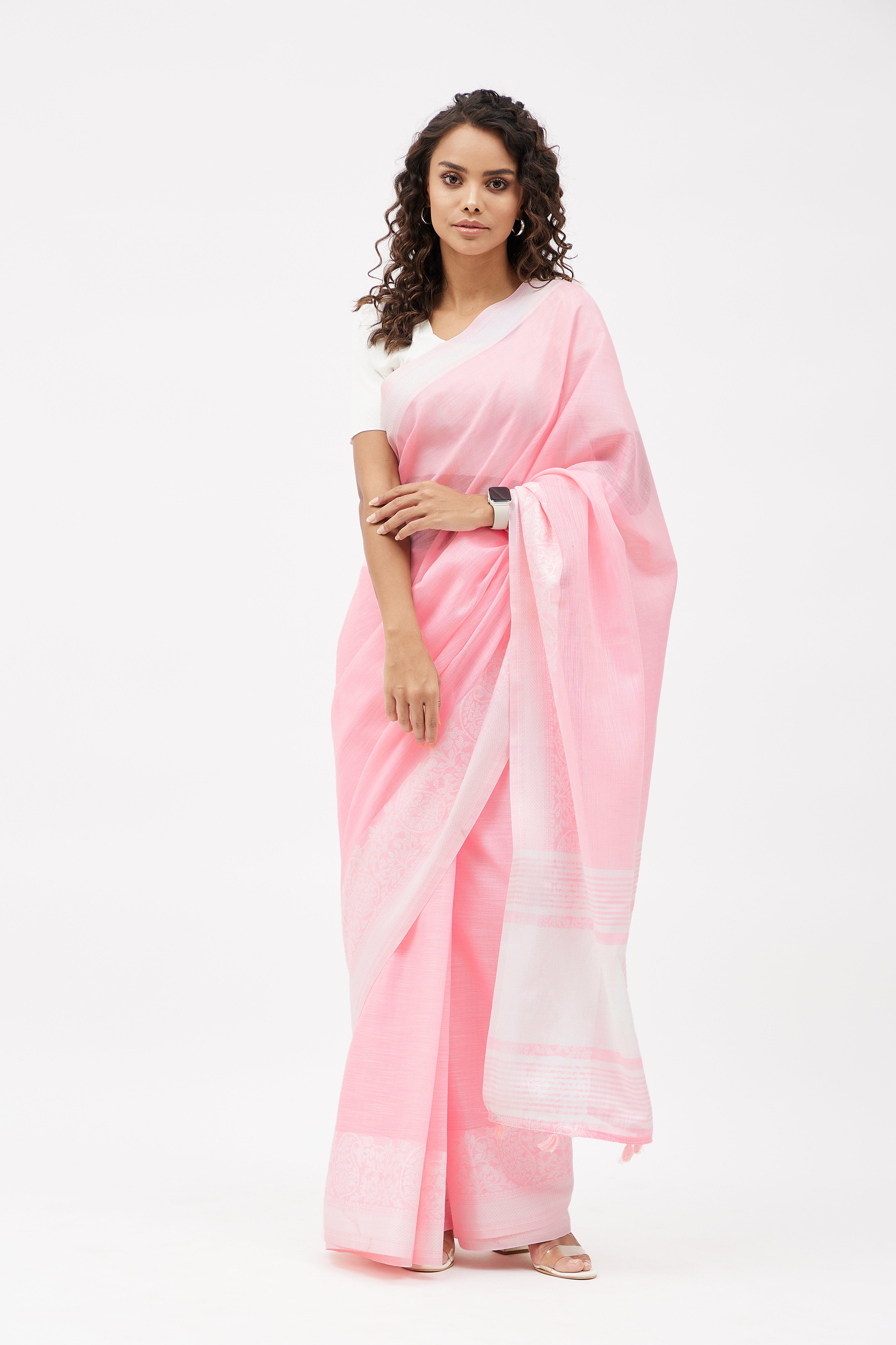 Floral Print Linen by Linen Saree in Pink I Sarees by Shobitam - Etsy