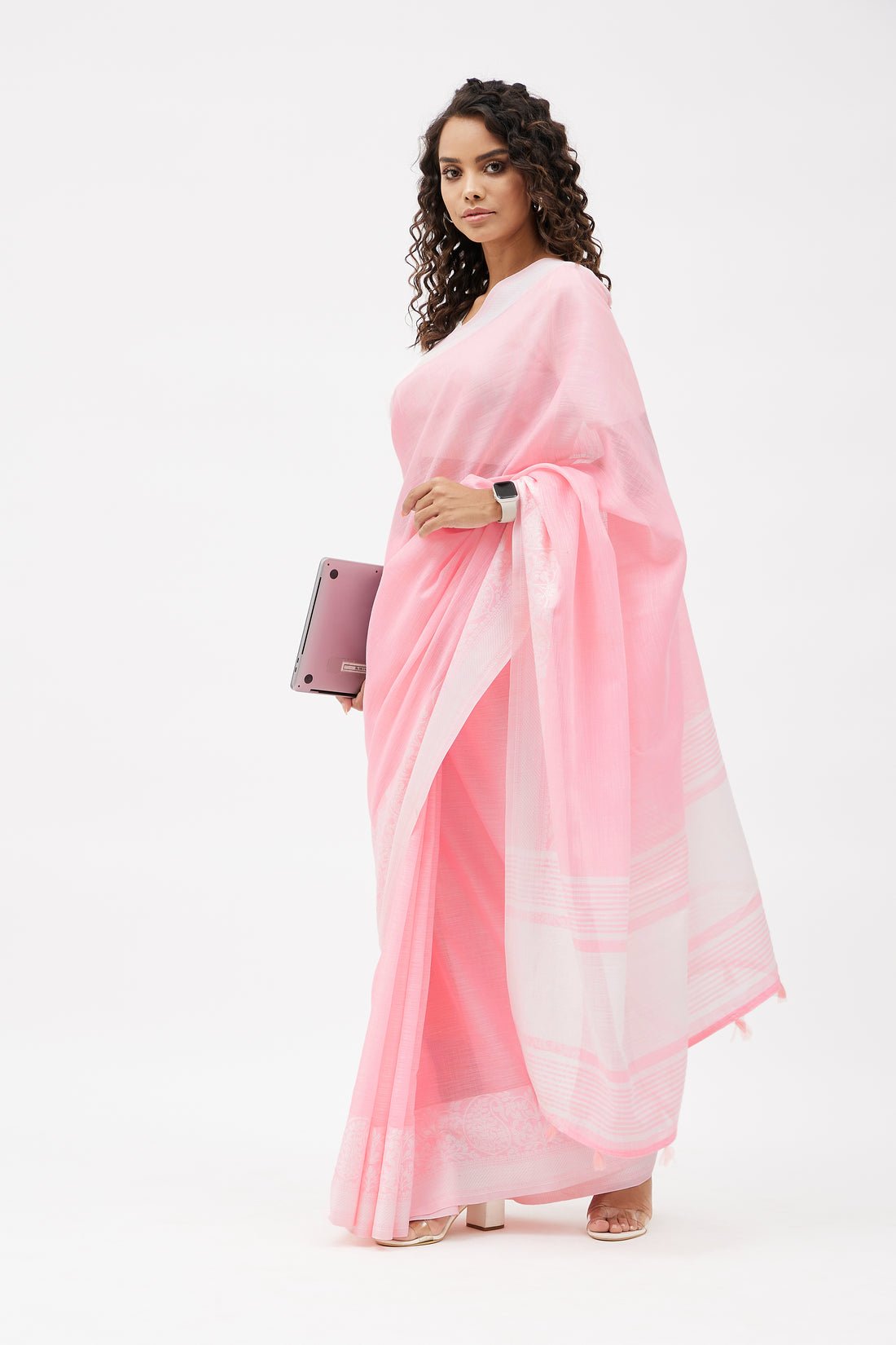 Elegant Linen Saree for Work - Powder Pink