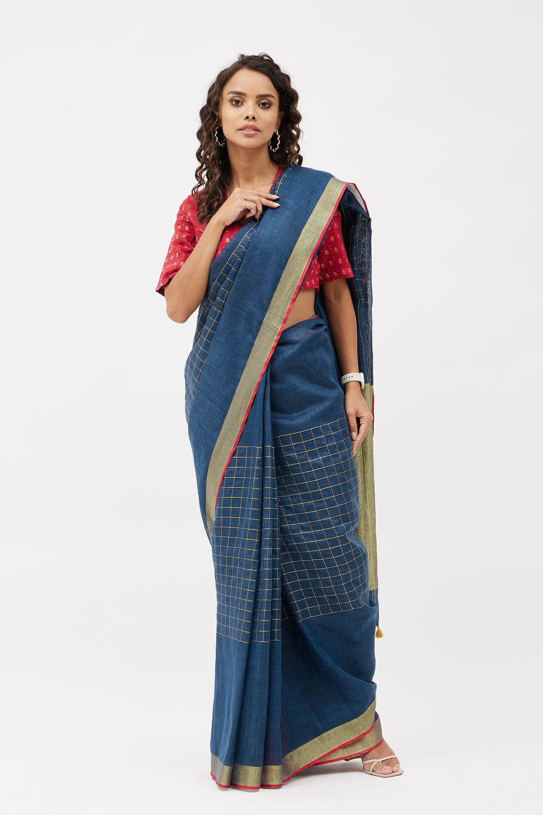 Elegant Check Linen Saree for Work  - Blue