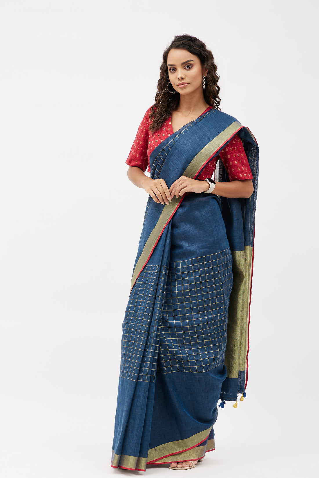 Elegant Check Linen Saree for Work  - Blue