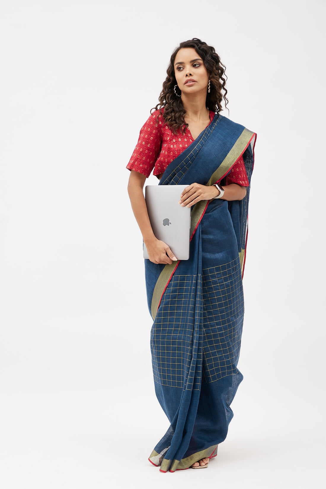 Elegant Check Linen Saree for Work  - Blue