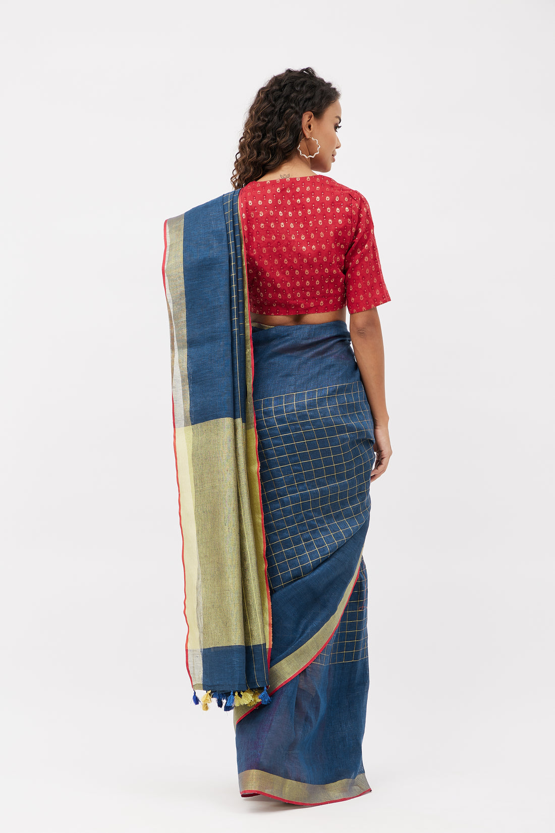 Elegant Check Linen Saree for Work  - Blue