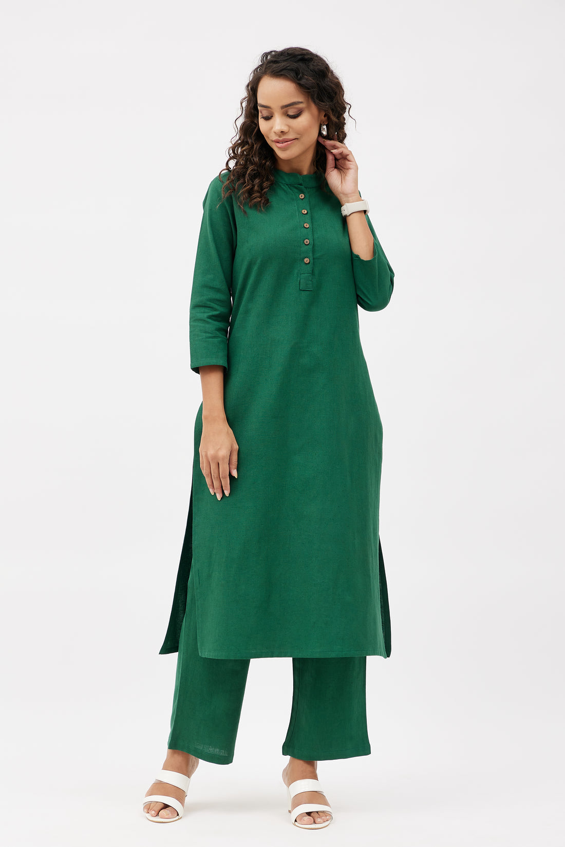 Straight Fit Elegant Linen Blend Kurta Set - Emerald Green (Set of 2)