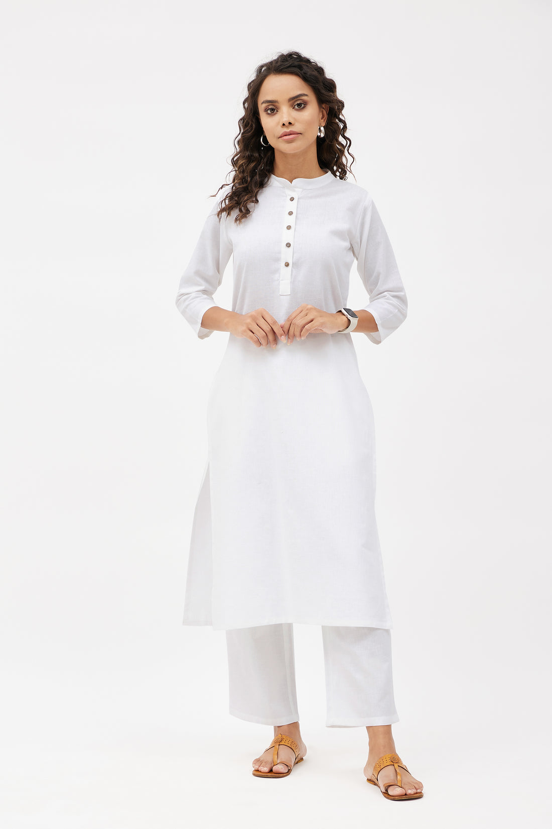 Straight Fit Elegant Linen Blend Kurta Set - Pristine White (Set of 2)