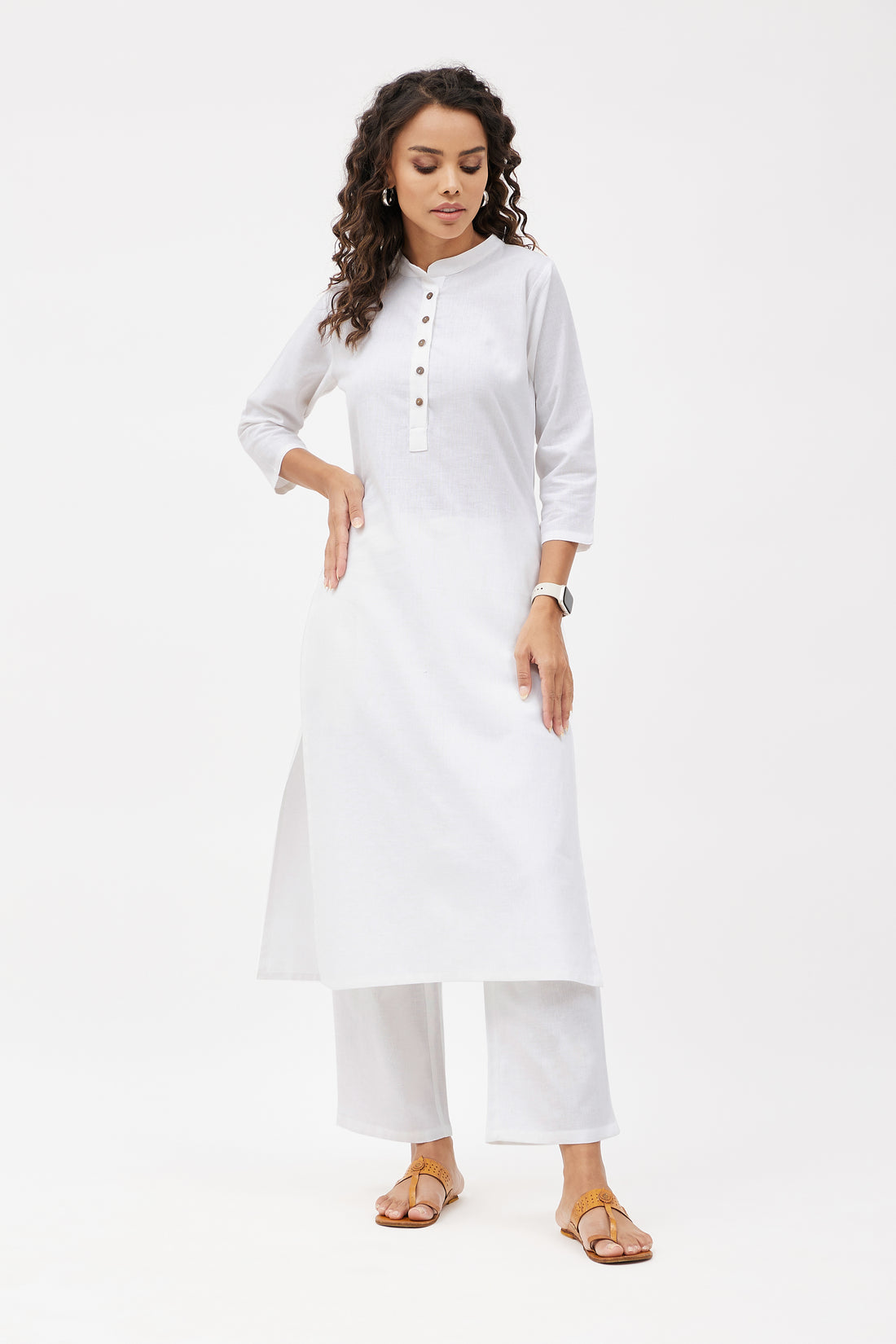 Straight Fit Elegant Linen Blend Kurta Set - Pristine White (Set of 2)