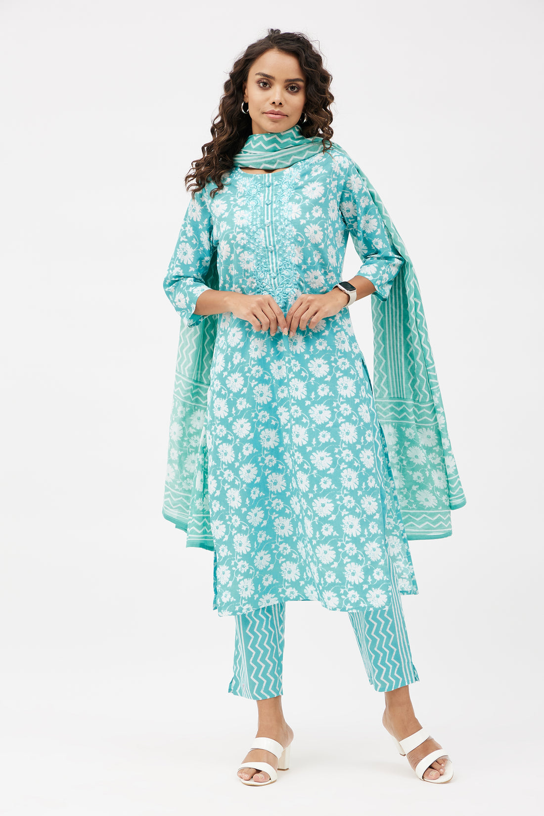 Elegant Cotton Salwar Suit for Work - Sky Blue (Set of 3)