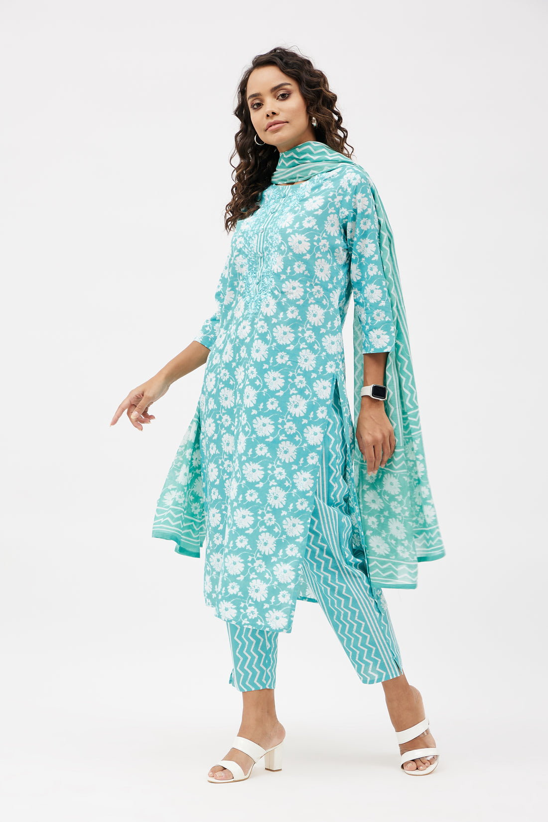 Elegant Cotton Salwar Suit for Work - Sky Blue (Set of 3)